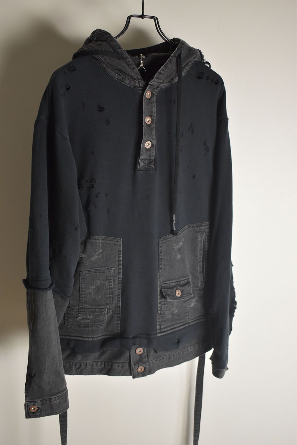 Denim Combination Non-Twisted Yarn Lined Oversized Pullover Hoodie"Black" / デニムコンビネーション無撚糸裏毛オーバーサイズプルオーバーフーディー"ブラック"