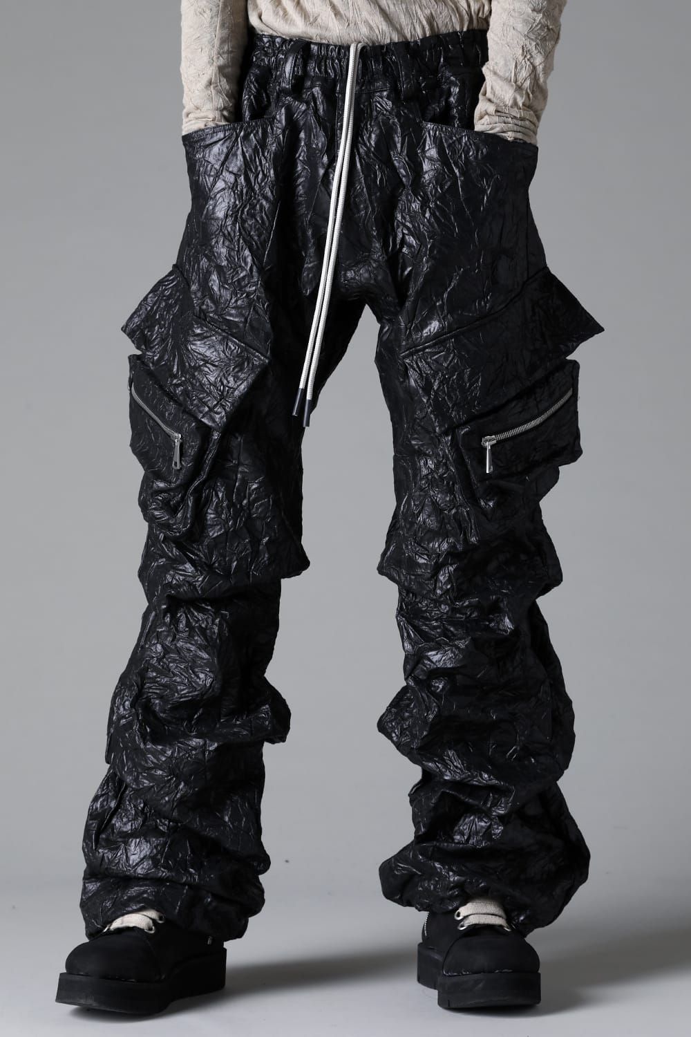 Washer Synthetic Leather Boots Cut Tuck Cargo Pants"Black " / ワッシャーシンセティックレザーブーツカットタックカーゴパンツ"ブラック"