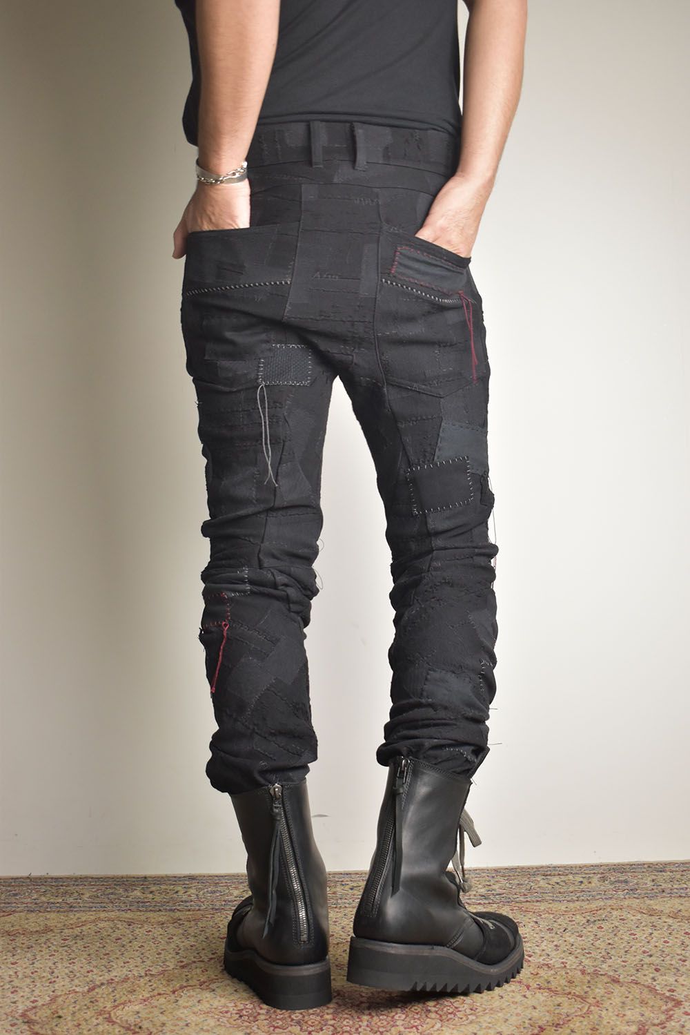 Hand Patchwork Crust Jacquard Overlock Twist Curve Pants "Black" / ハンドパッチワーククラストジャガードオーバーロックツイストカーブパンツ"ブラック"