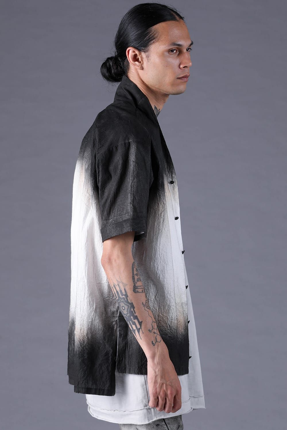 《2027SS先行予約分》Washer Loan Gradation Shawl-Collar S/S Shirt"Black" / ワッシャーローングラデーションショールカラーショートスリーブシャツ"ブラック"