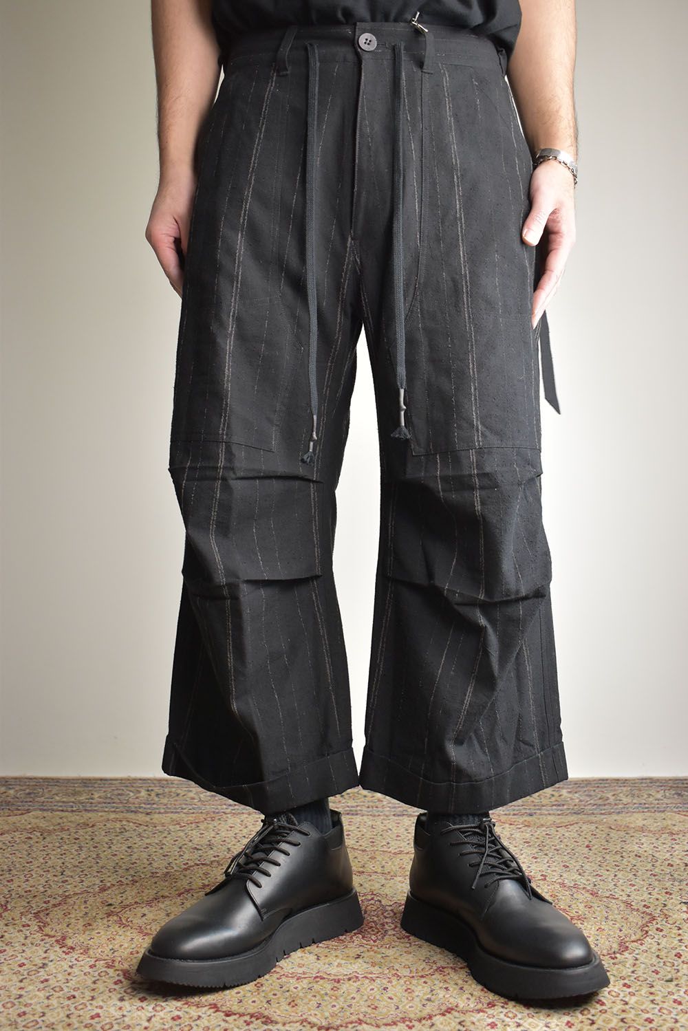 Faded Random Stripe Wide Cropped Pants"Black" / フェードランダムストライプワイドクロップドパンツ"ブラック"