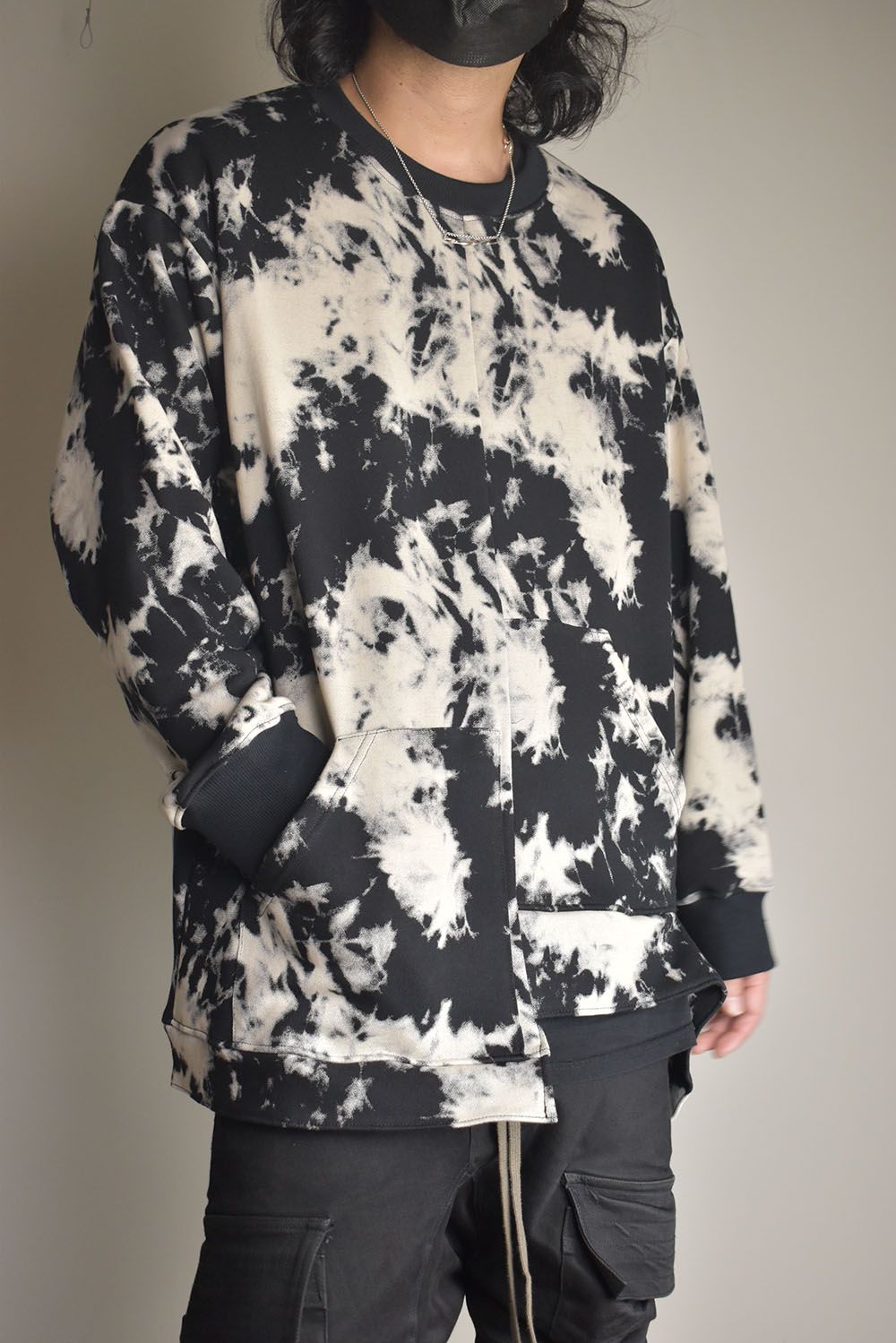 Discharge Pinting Asymmetry Crew Neck Top"Black×Ivory" /ディスチャージプリントアシンメトリークルーネックトップ"ブラック×アイボリー"