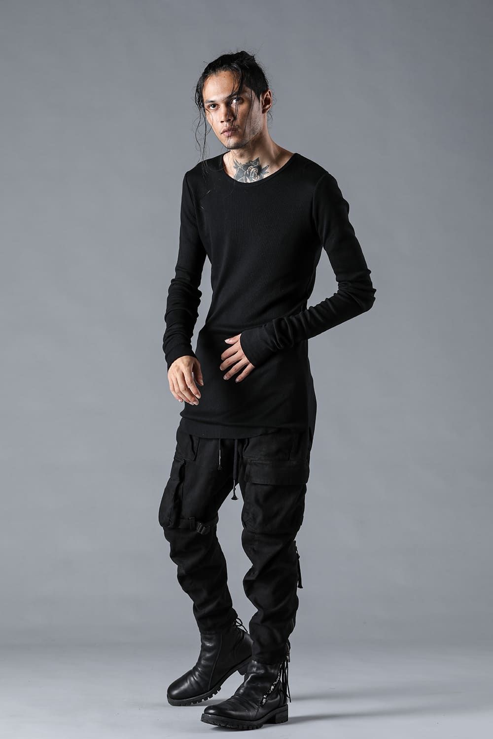Modal & Cotton Rib Teleco Long Sleeve T Shirt "Black"モダール×コットンリブテレコロングスリーブTシャツ"ブラック"