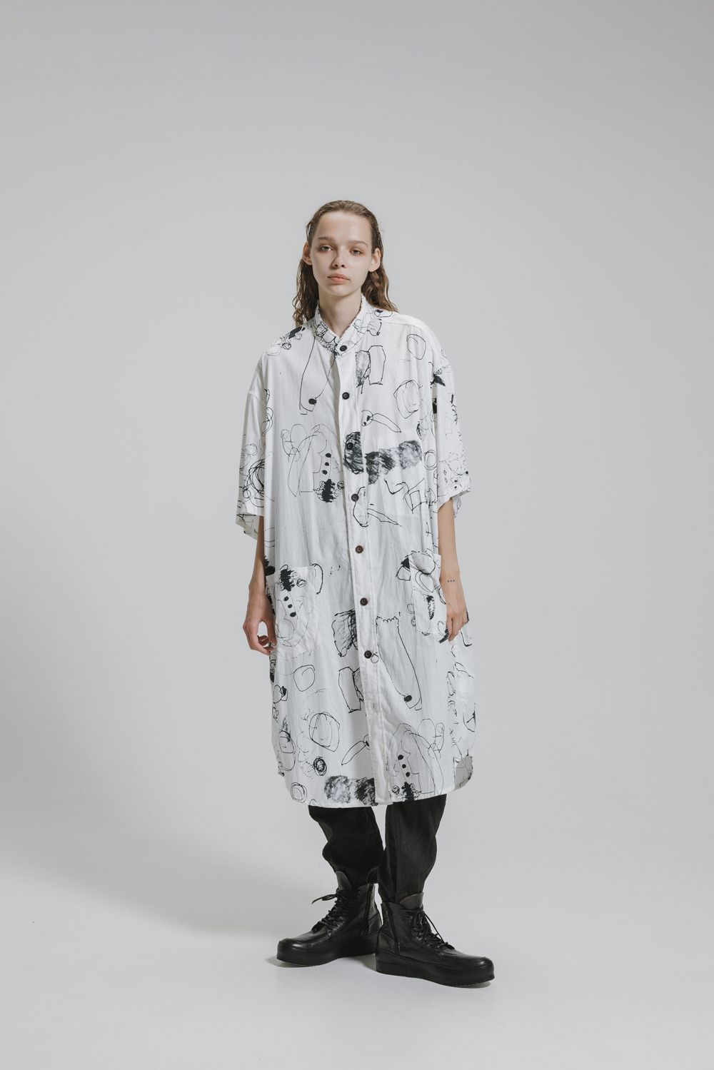 Cotton Twill Ink Jet Short-Sleeved Big Shirt&Dress"White Black" / コットンツイルインクジェット半袖ビッグシャツ / ワンピース"ホワイト ブラック"