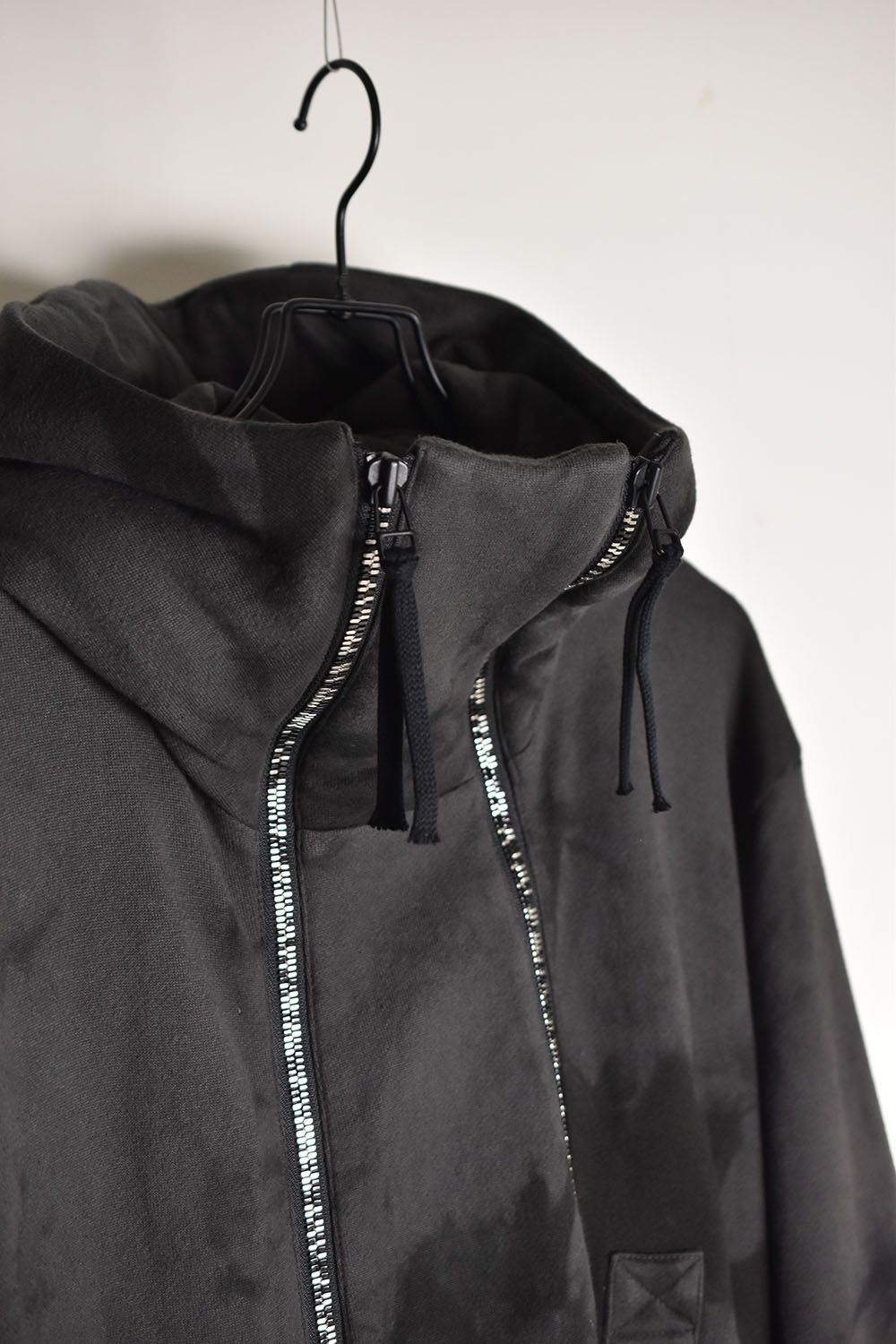 Unevenly Dyed  Non-Ply Yarn Double Zip Suspender Hooded Jacket"Charcoal"/ムラ染め無撚糸裏毛ダブルジップサスペンダーフーデッドジャケット"チャコール"