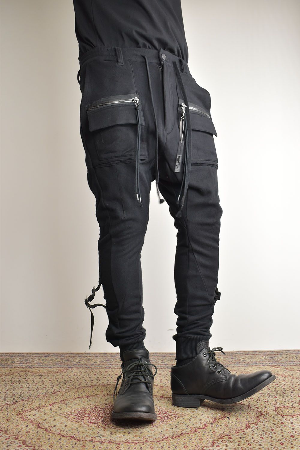 Non-ply Yarn Lined Belt Adjustable Crotch Jog Pants "Black" / 無撚糸裏毛ベルトアジャストロークロッチジョグパンツ"ブラック"