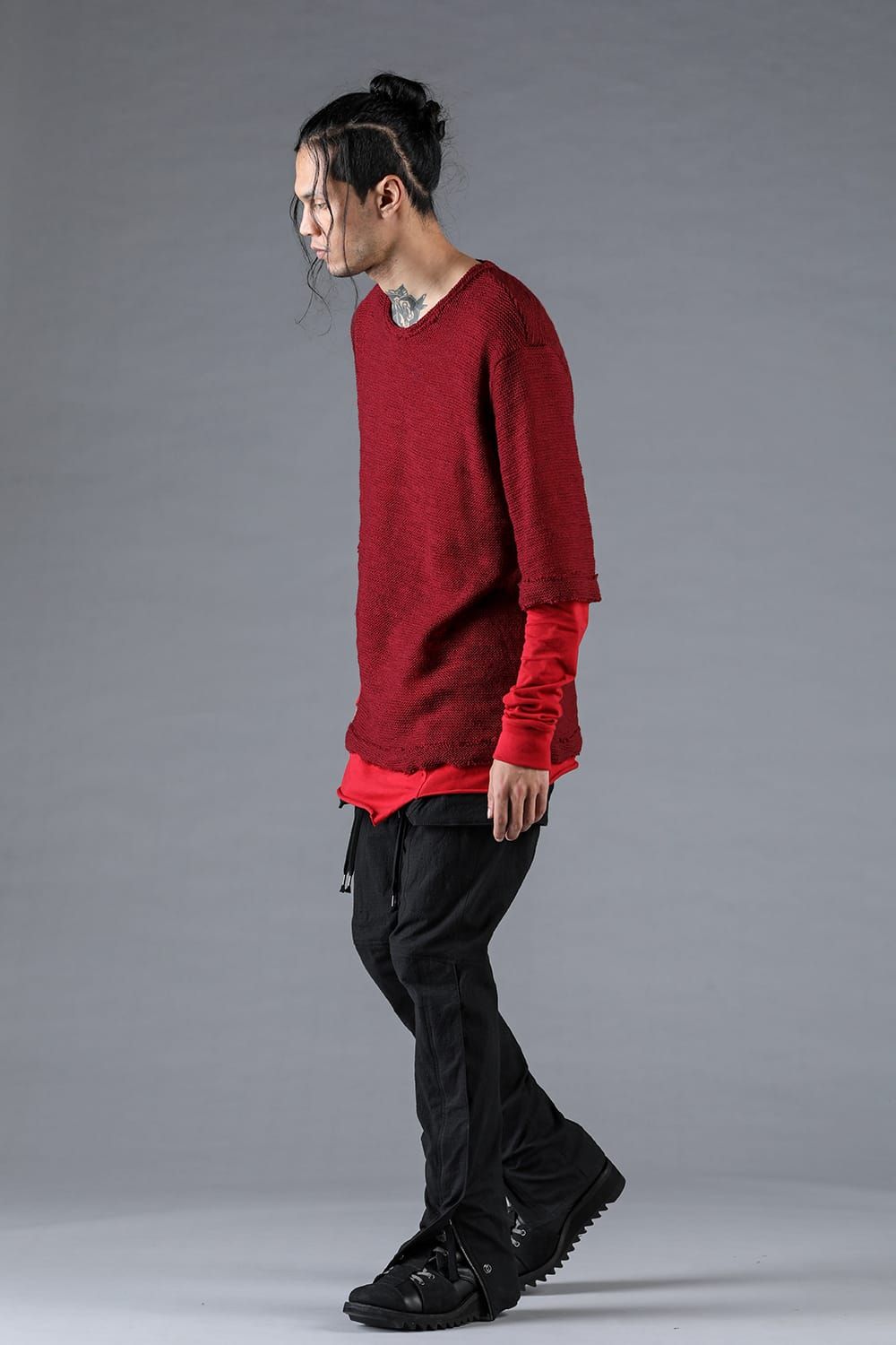 Low Gauge Knit and Cotton Jersey Layered T-Shirt "Red" / ローゲージニット×コットンジャージレイヤードTシャツ"レッド"