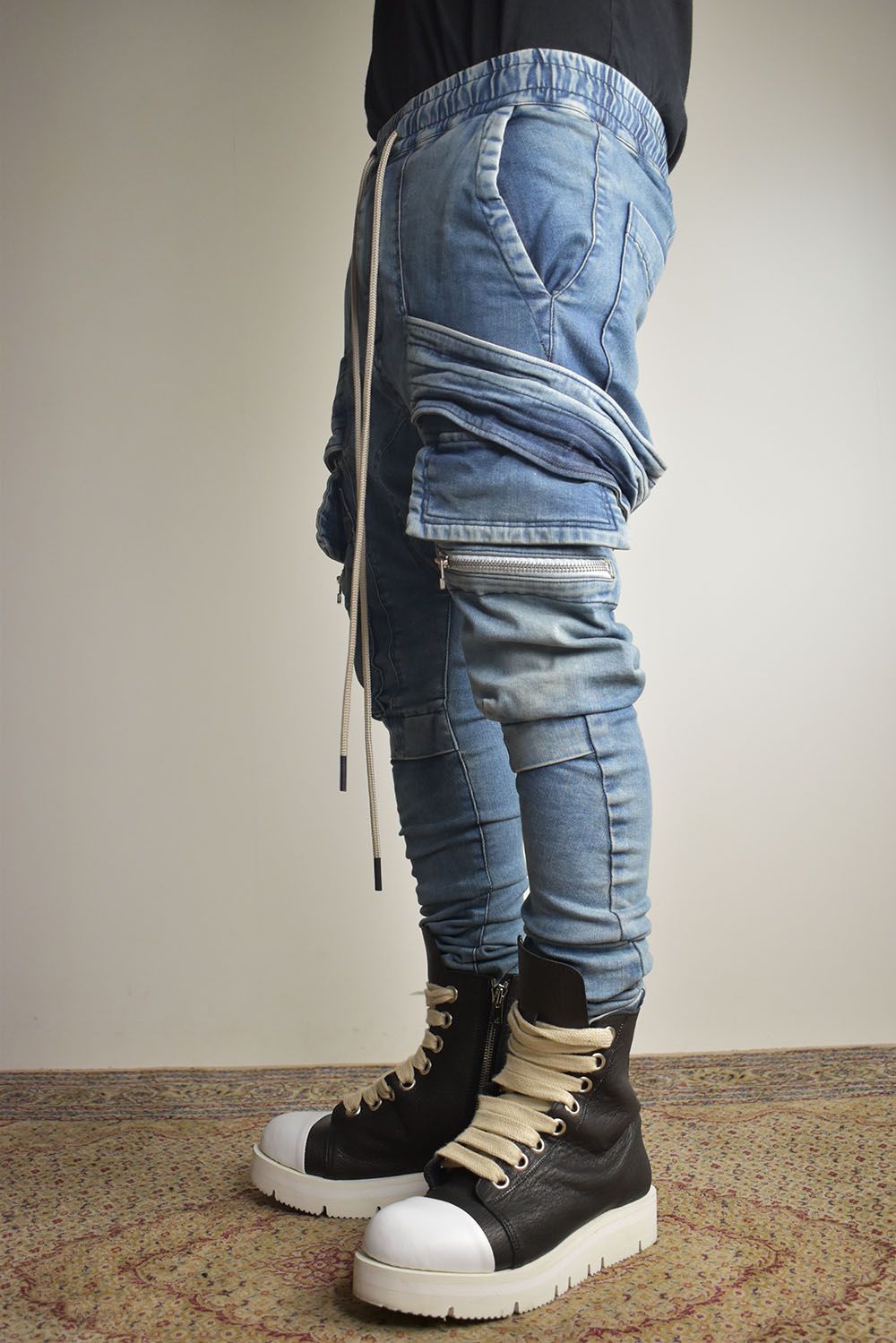 Denim Cargo Sarouel Skinny"Damage Black/Indigo Blue"/デニムカーゴサルエルスキニー"ダメージブラック/インディゴブルー"