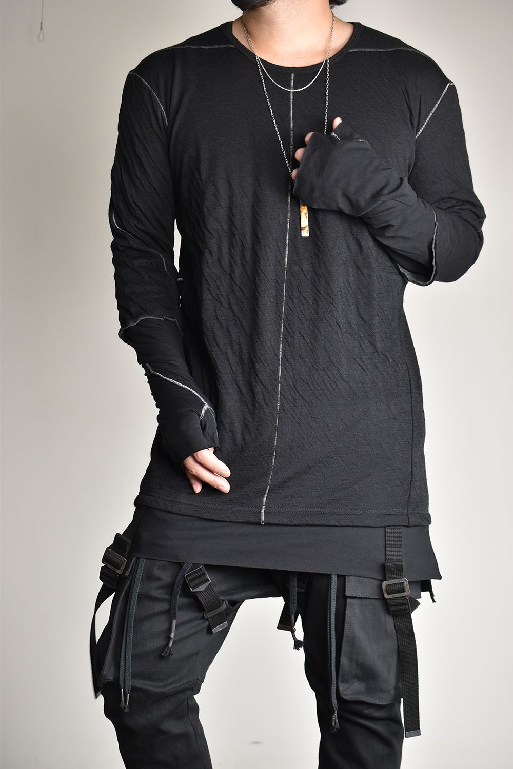 Wool×Cotton Double Face Layered Globe Sleeve Tee"Black/"ウール×コットンダブルフェイスレイヤードグローブスリーブTシャツ"ブラック"