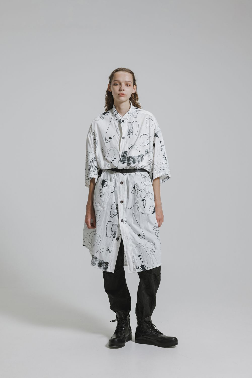 Cotton Twill Ink Jet Short-Sleeved Big Shirt&Dress"White Black" / コットンツイルインクジェット半袖ビッグシャツ / ワンピース"ホワイト ブラック"