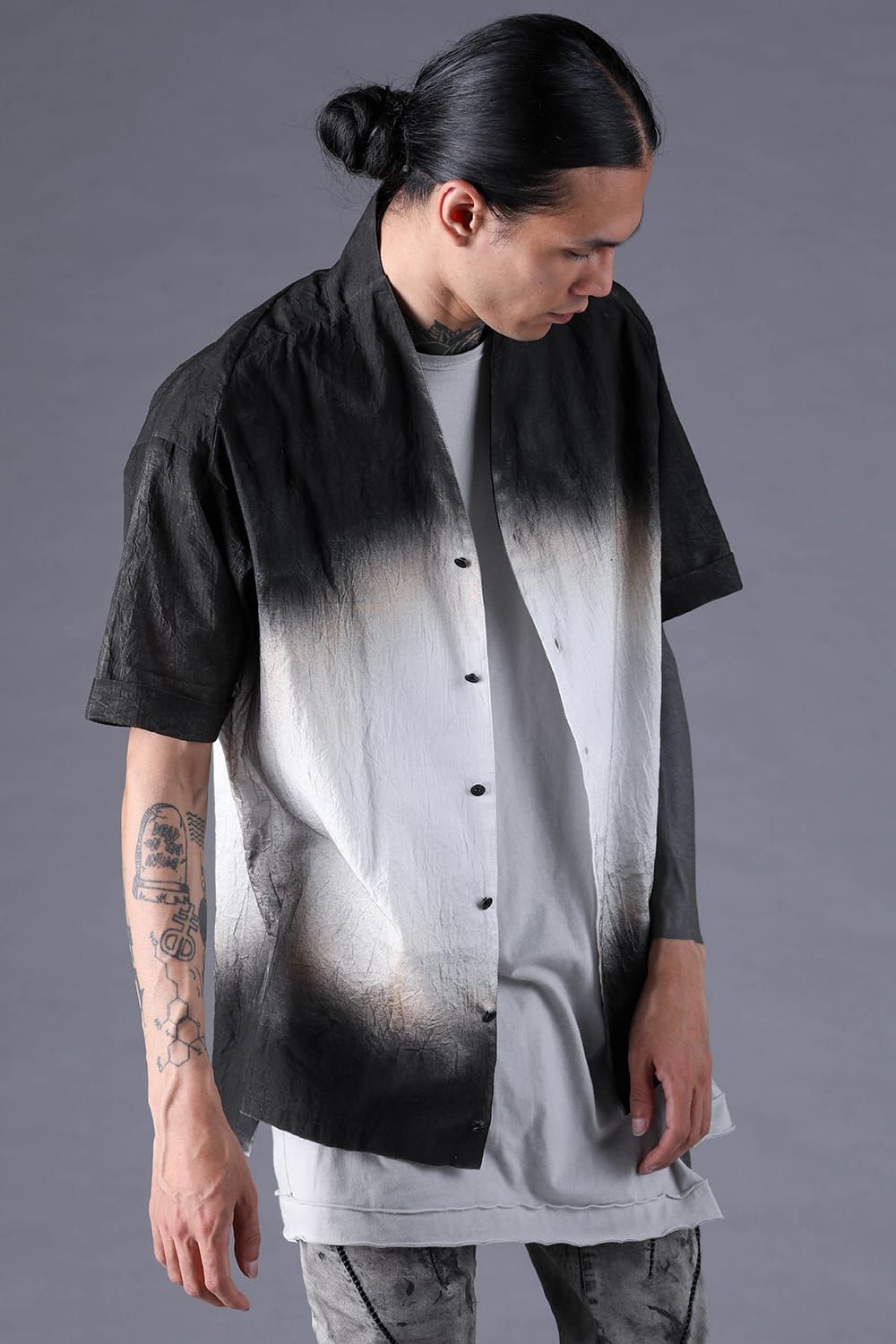 《2027SS先行予約分》Washer Loan Gradation Shawl-Collar S/S Shirt"Black" / ワッシャーローングラデーションショールカラーショートスリーブシャツ"ブラック"