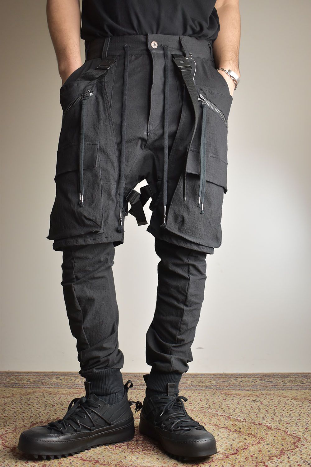 Ripstop Detachable Shorts Layered Cargo Jog Pants"Black" / リップストップデタッチャブルショーツレイヤードカーゴジョグパンツ"ブラック"