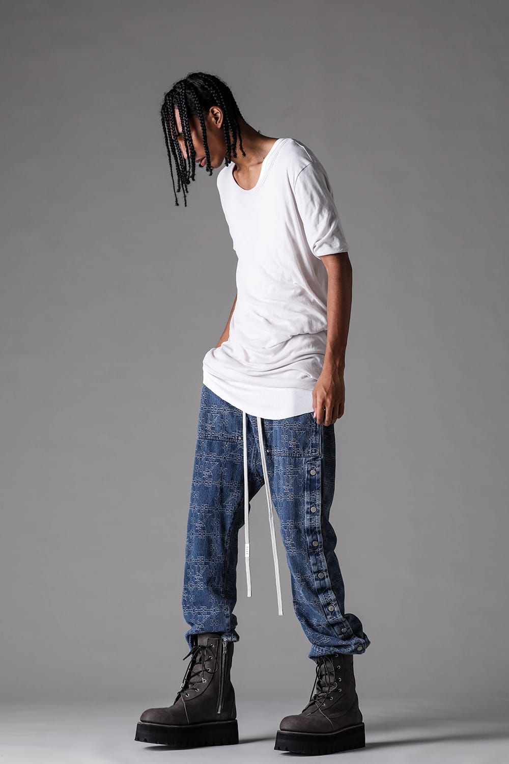 《2027SS先行予約》Jacgurd Denim Sarrouel Flare Pants "Black / Blue" / ジャガードデニムサルエルフレアパンツ"ブラック/ブルー"