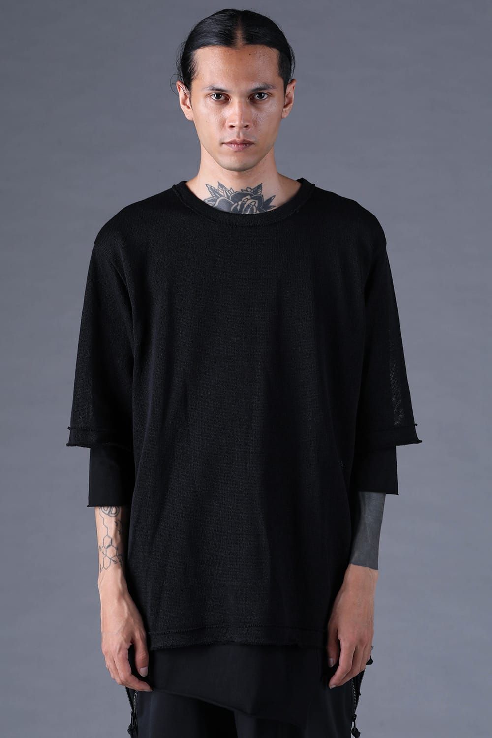 《2027SS先行予約分》Japanese Paper Cotton Knit Layered T-Shirt "Black" / 和紙コットンニットレイヤードTee "ブラック"