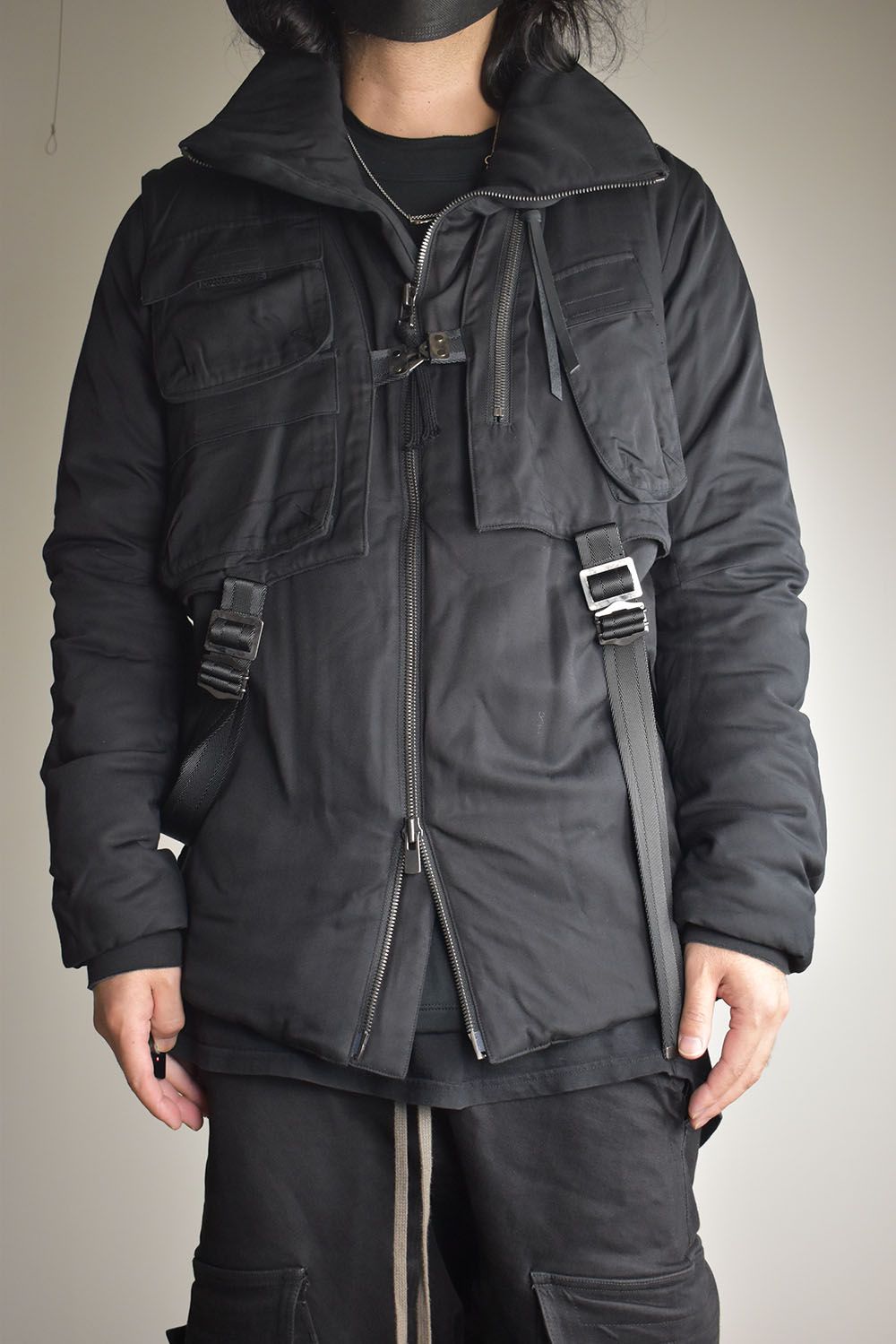 Rayon Twill Vest Hooded Down Jacket "Black" / レーヨンツイルベスト/フードアタッチドダウンジャケット"ブラック"