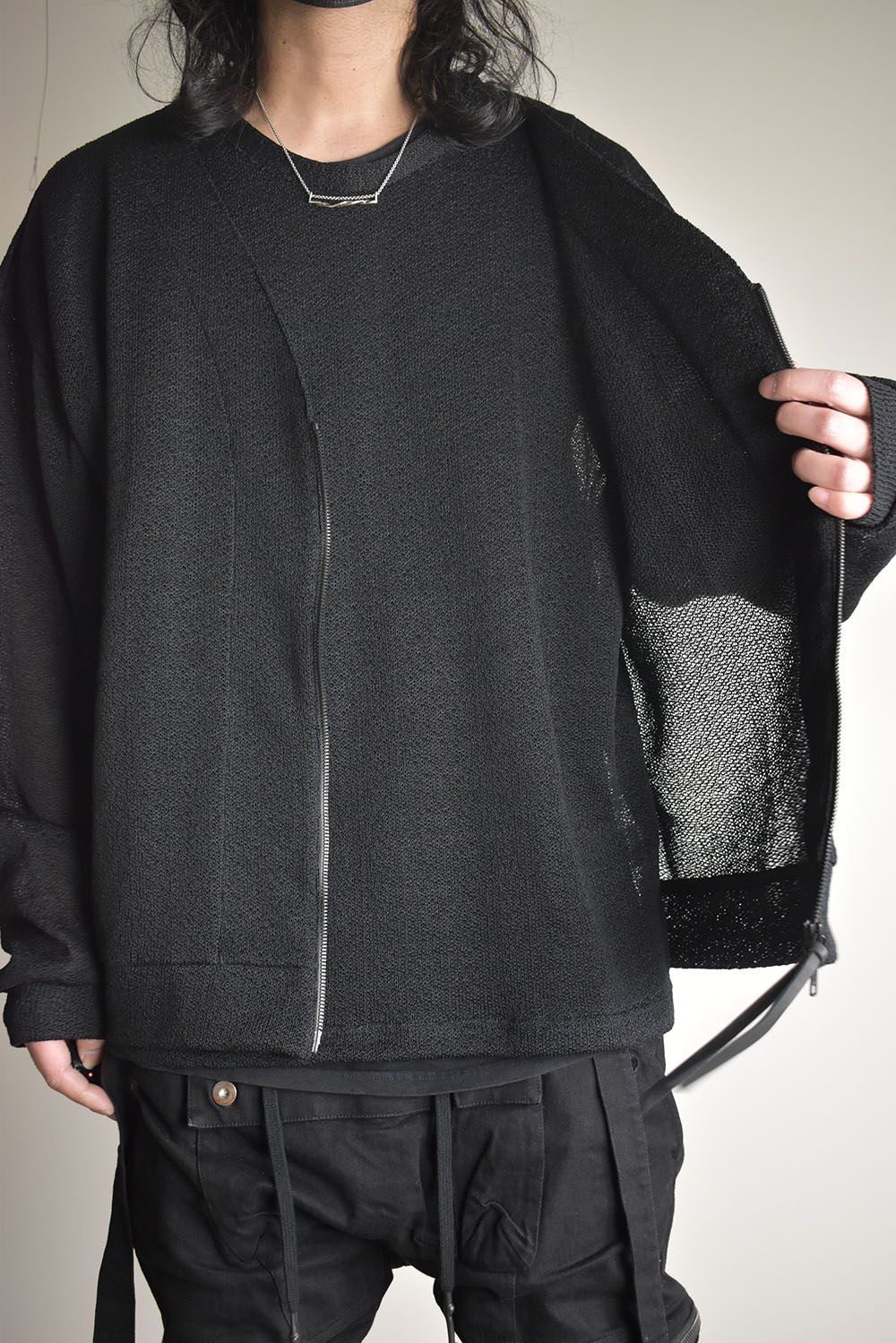 Cotton Low Gauge Knit Cardigan Layered Pullover"Black" / コットンローゲージニットカーディガンレイヤードプルオーバー"ブラック"