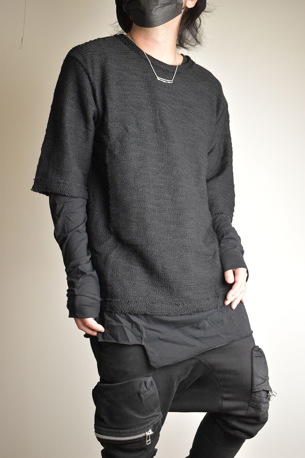 Low Gauge Knit and Cotton Jersey Layered T-Shirt "Black" / ローゲージニット×コットンジャージレイヤードTシャツ"ブラック"