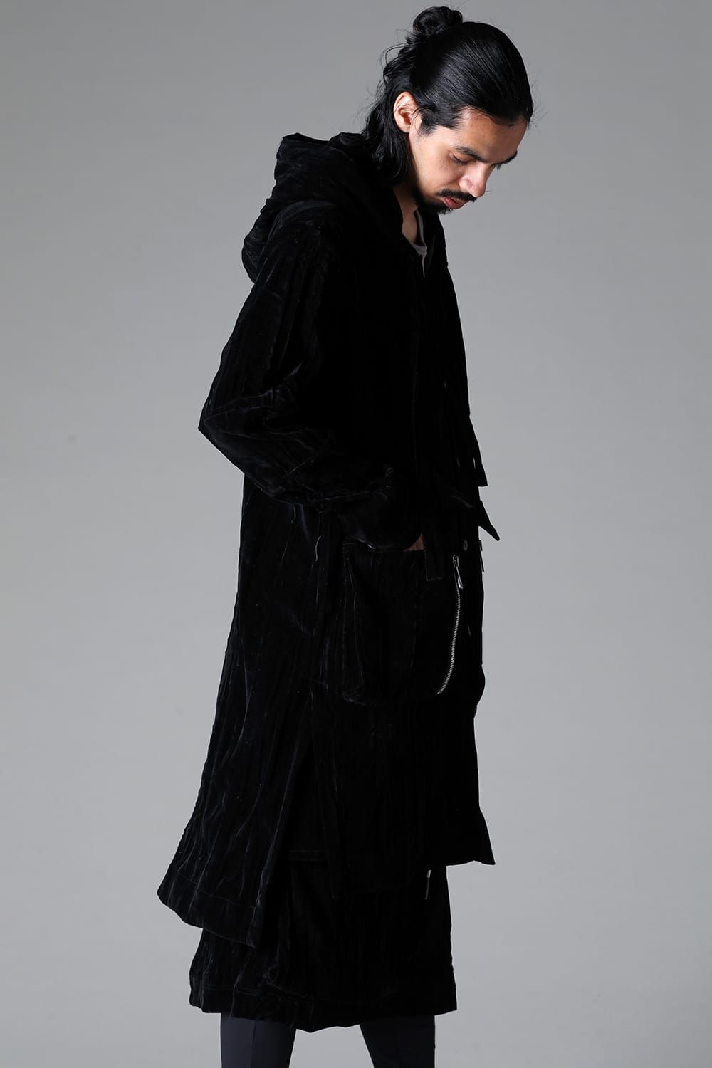 《2025AW先行予約》Washer Velour Hooded Long Jacket"Black" / ワッシャーベロアフーデッドロングジャケット"ブラック"