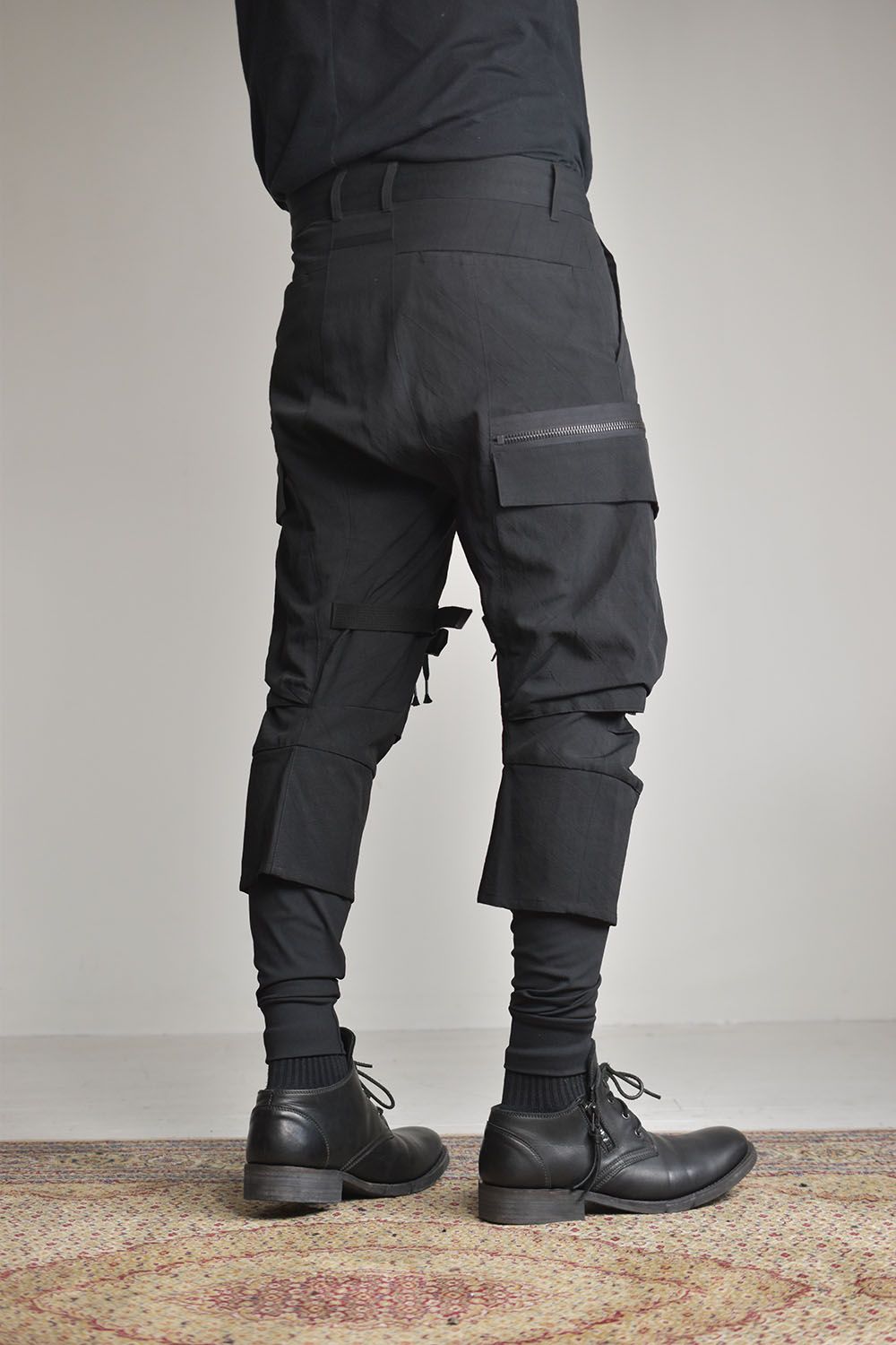 Salt-Shrunk Washed Border Striped Layered Cargo Pants"Black"/塩縮ワッシャードビーボーダーレイヤードカーゴパンツ"ブラック"