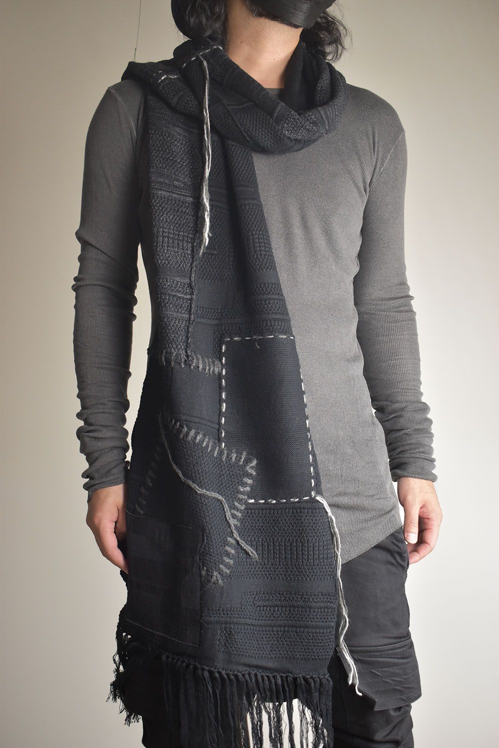 Cotton Cashmere Crust Patch Knit Long Stole "Charcoal x Black" / コットンカシミヤクラストパッチニットロングストール"チャコール×ブラック"