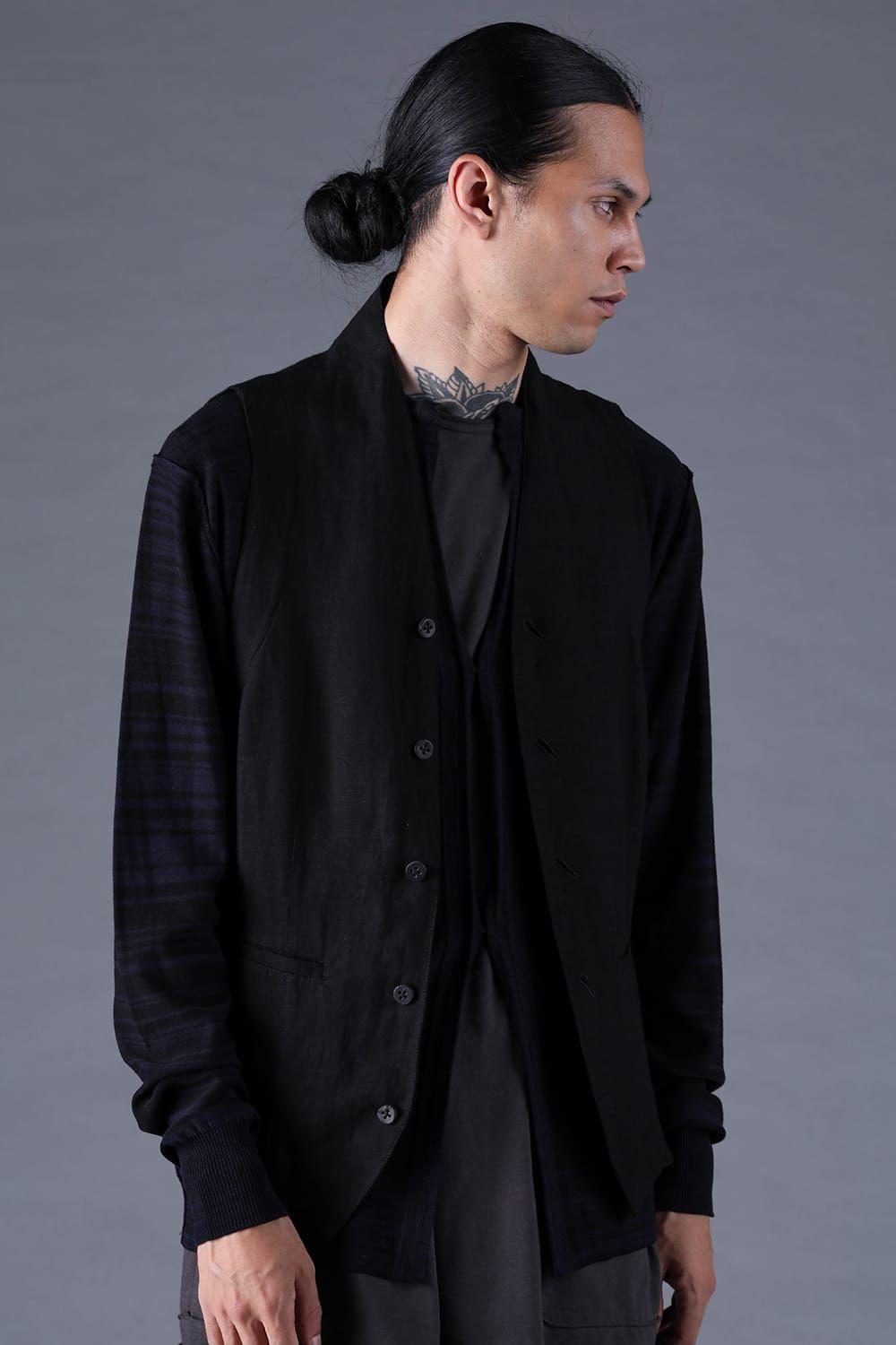 《2027SS先行予約分》Bamboo Linen Shawl-Collar Vest"Black" / バンブーリネンショールカラーベスト"ブラック"