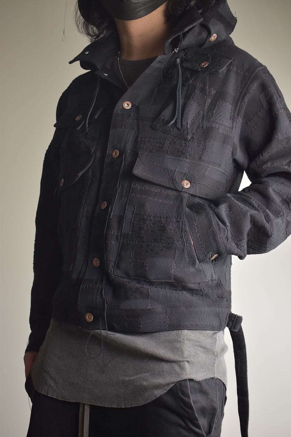 Crust Patchwork Jacquard Hood Attached Jacket "Black" / クラストパッチワークジャガードフードアタッチドジャケット"ブラック"