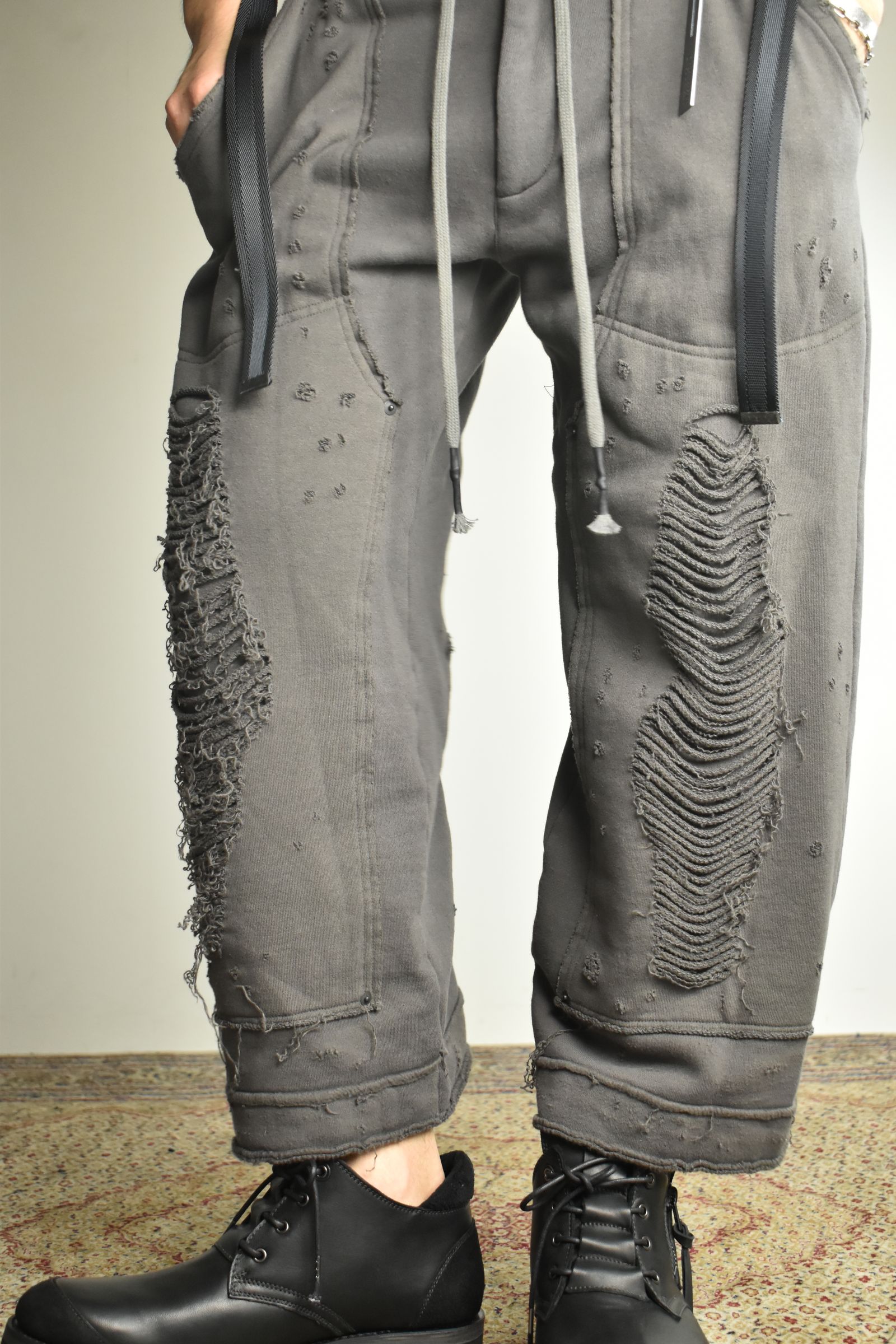 Untwisted Yarn Fleece Shotgun Wide Cropped Pants"Charcoal" / 無撚糸裏毛ショットガンワイドクロップドパンツ"チャコール"