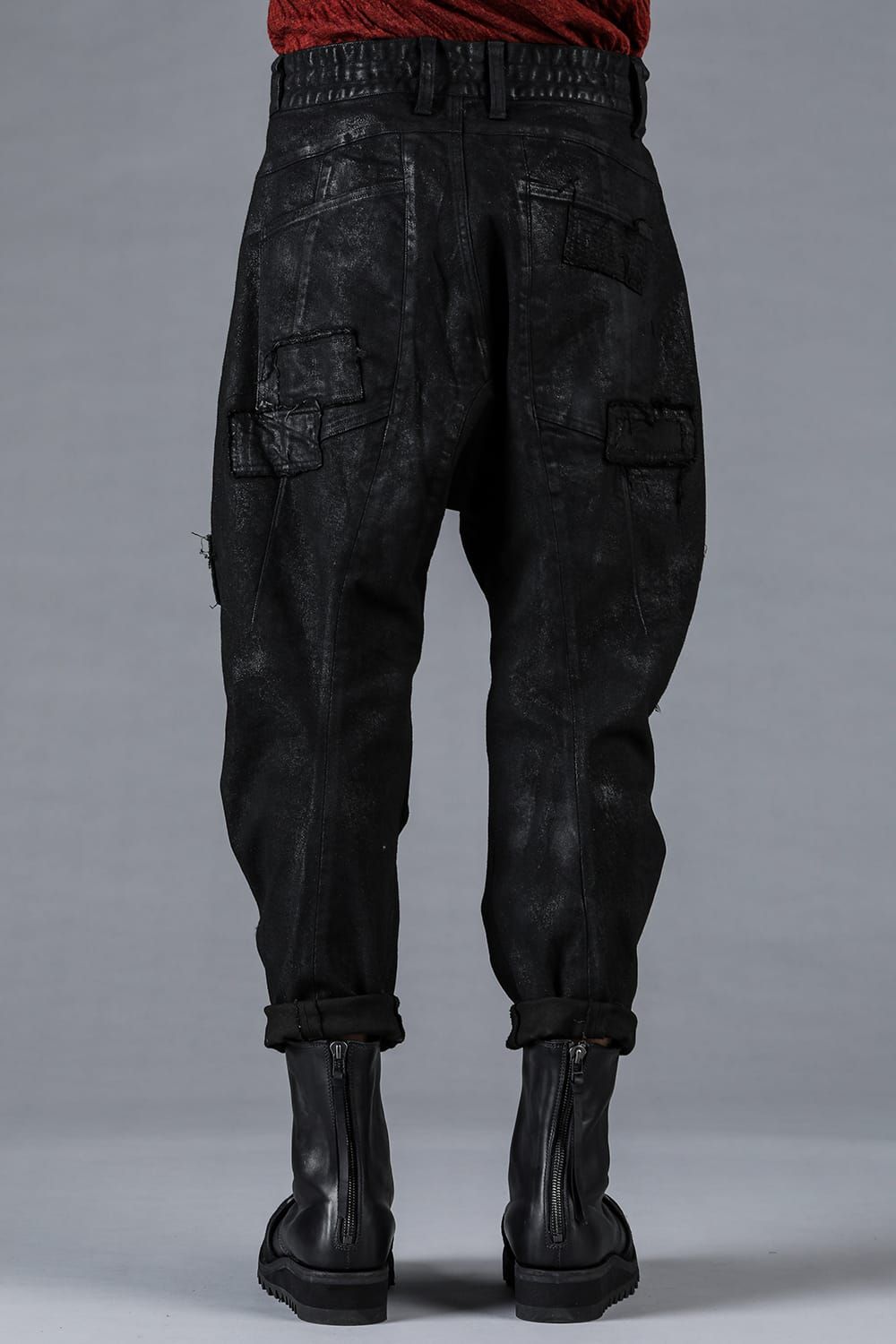 Product Coating Stretch Denim Damage Repair Cropped Pants “Black / 製品コーティングストレッチデニムダメージリペアクロップドパンツ"ブラック"