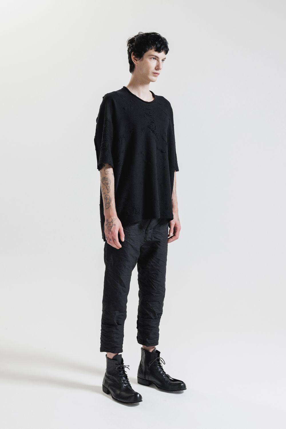 Cotton Damege Jaquard Over Sized Short Sleeve Tee"Black"/コットンダメージジャガードオーバーサイズショートスリーブTee"ブラック"