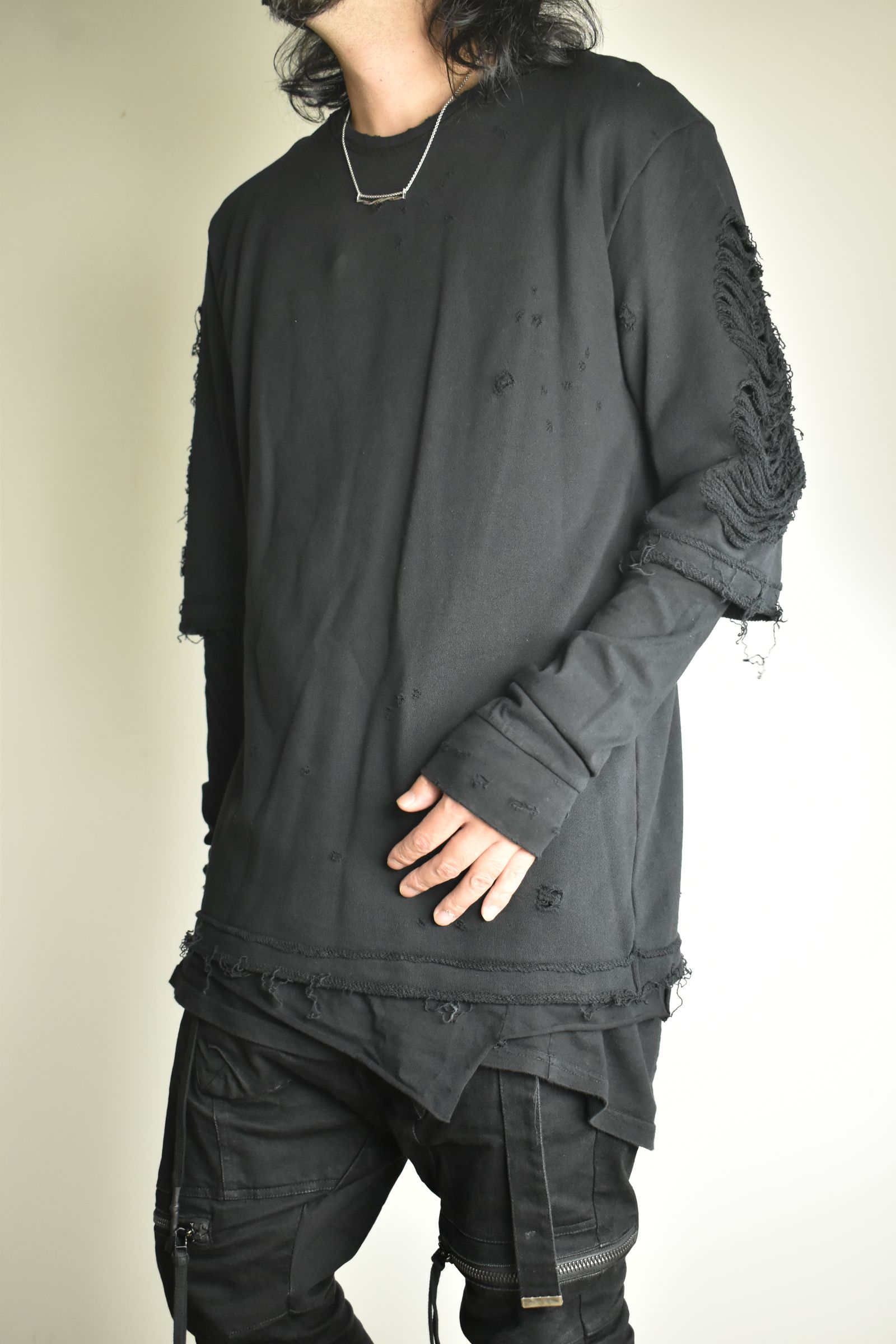 Sweat Shotgun Damage Layered Tee"Black" / 裏毛ショットガンダメージレイヤードTee"ブラック"