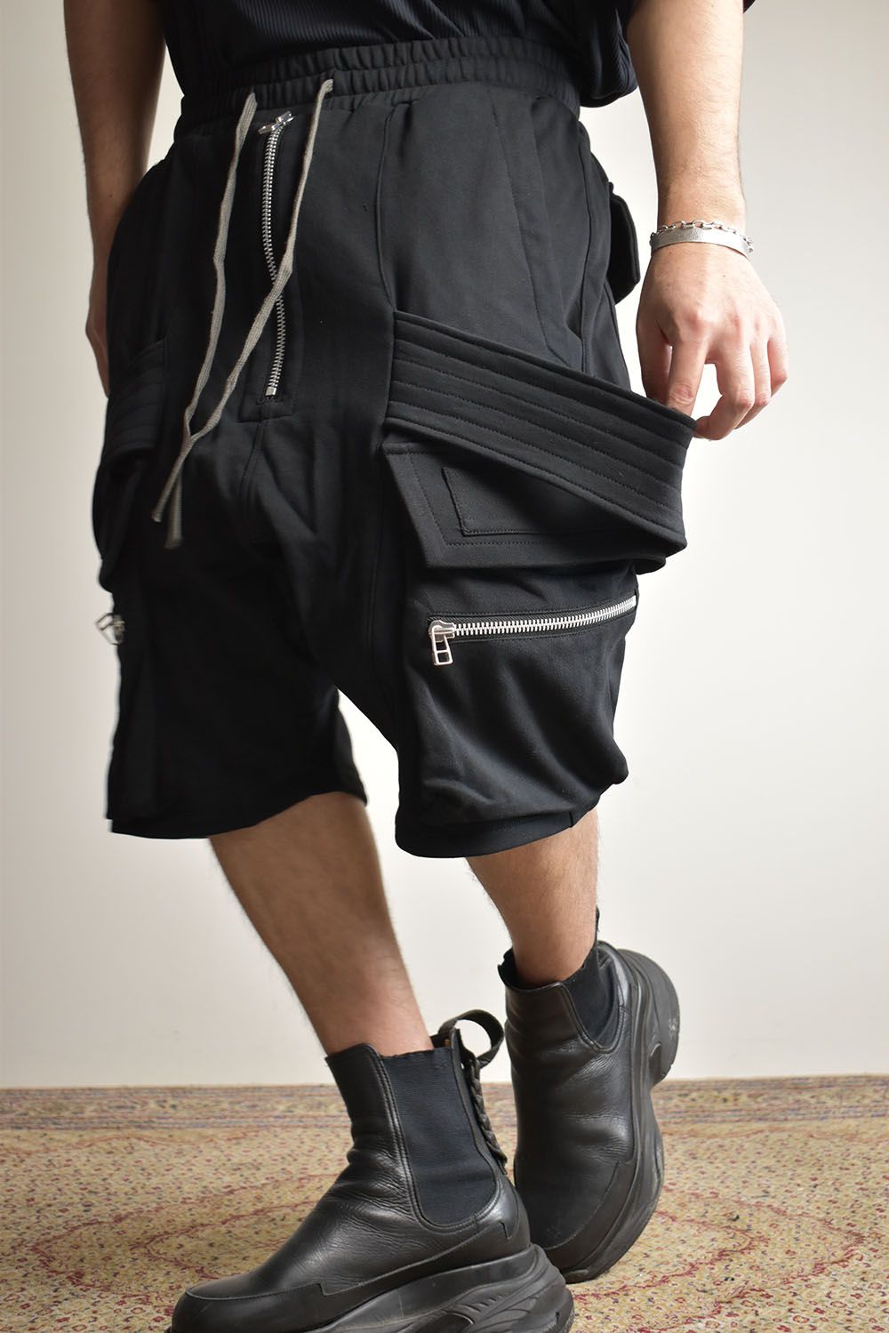 Belt Cargo Sweat Sarouel Shorts"Black" / ベルトカーゴスウェットサルエルショーツ"ブラック"