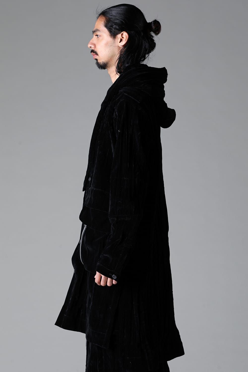 《2025AW先行予約》Washer Velour Hooded Long Jacket"Black" / ワッシャーベロアフーデッドロングジャケット"ブラック"