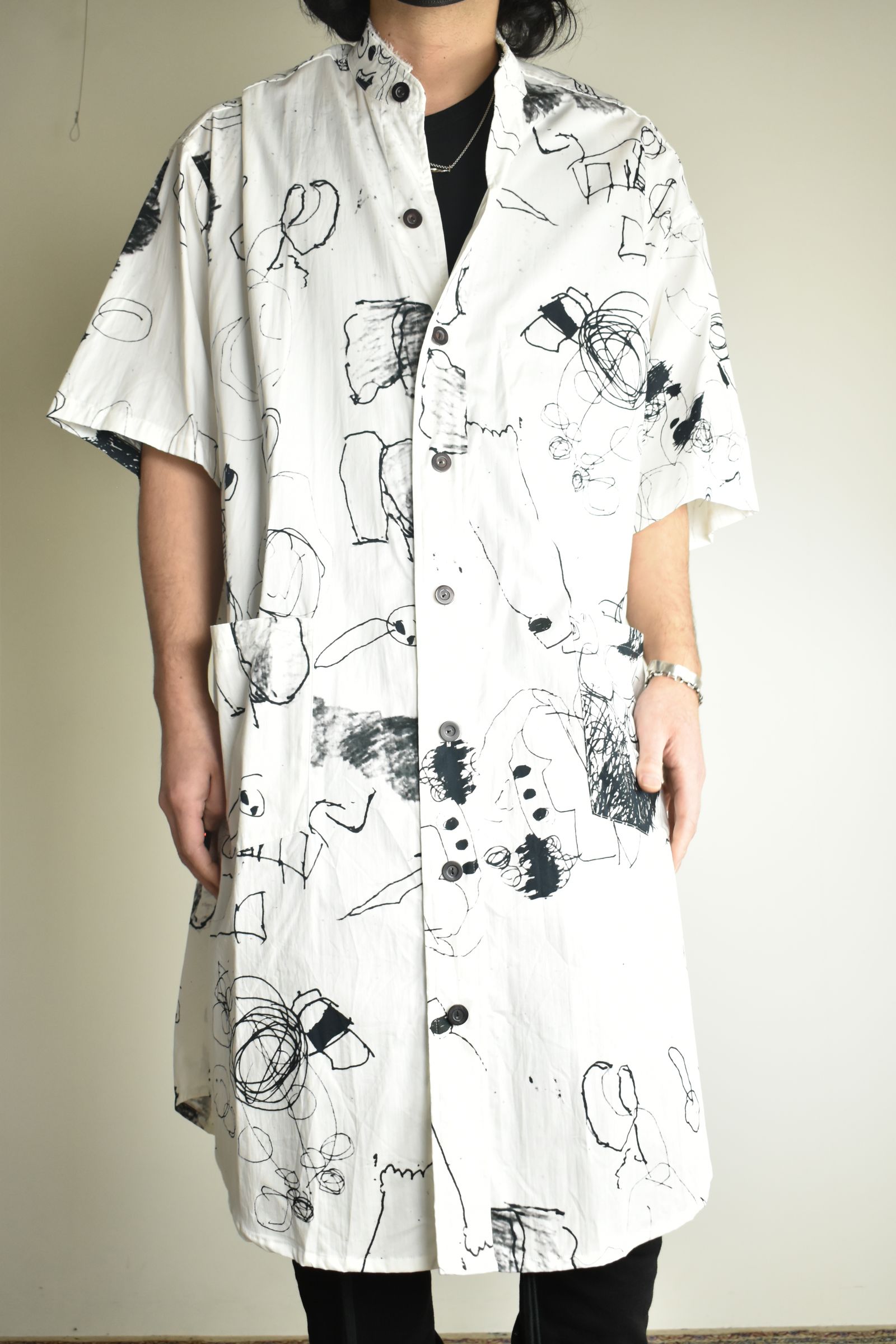 Cotton Twill Ink Jet Short-Sleeved Big Shirt&Dress"White Black" / コットンツイルインクジェット半袖ビッグシャツ / ワンピース"ホワイト ブラック"