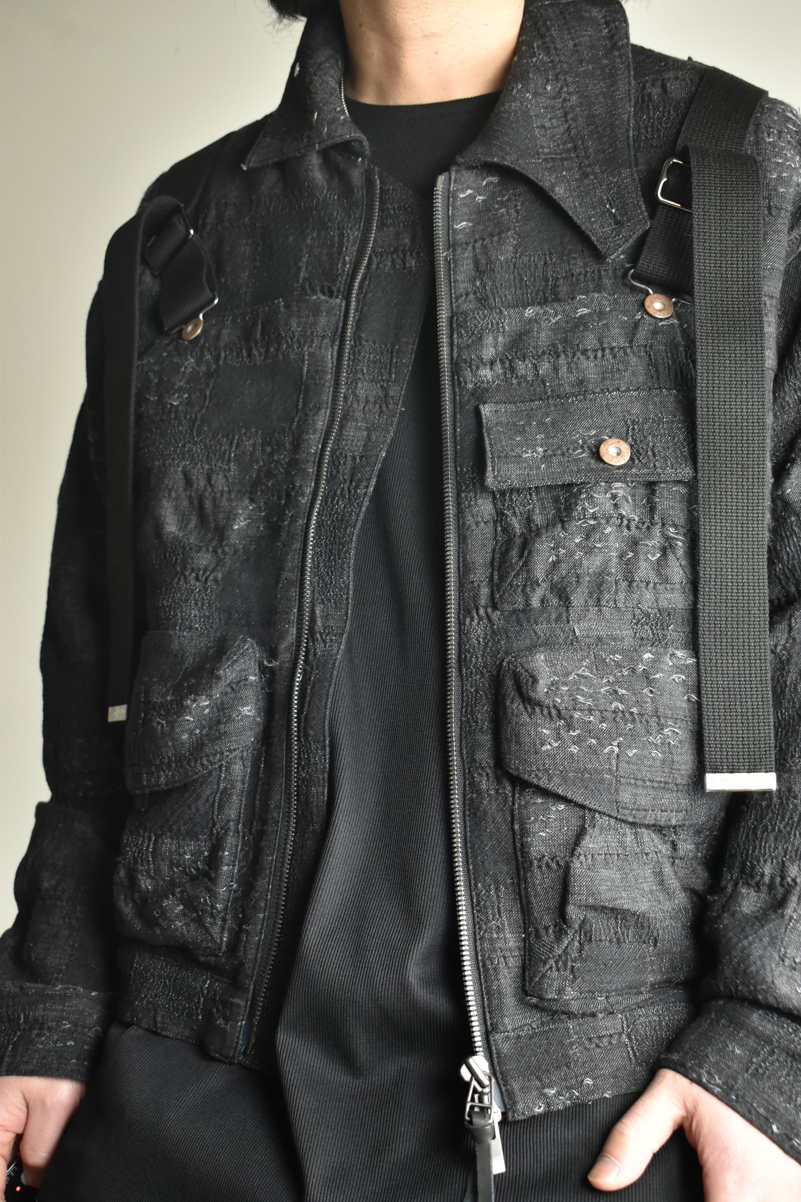 Crust Jacquard Salopette Layered Jacket"Black" / クラストジャガードサロペットレイヤードジャケット"ブラック"