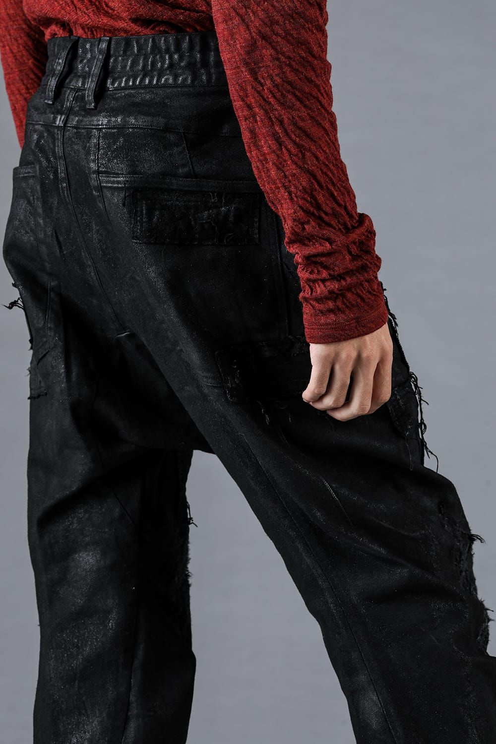 Product Coating Stretch Denim Damage Repair Cropped Pants “Black / 製品コーティングストレッチデニムダメージリペアクロップドパンツ"ブラック"