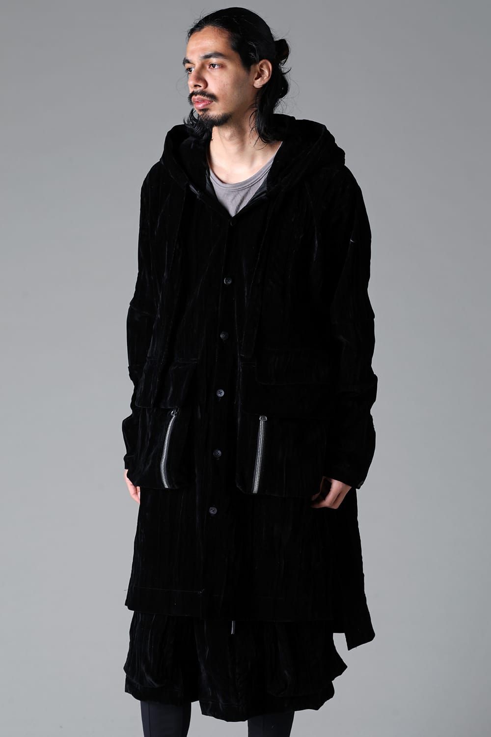 《2025AW先行予約》Washer Velour Hooded Long Jacket"Black" / ワッシャーベロアフーデッドロングジャケット"ブラック"