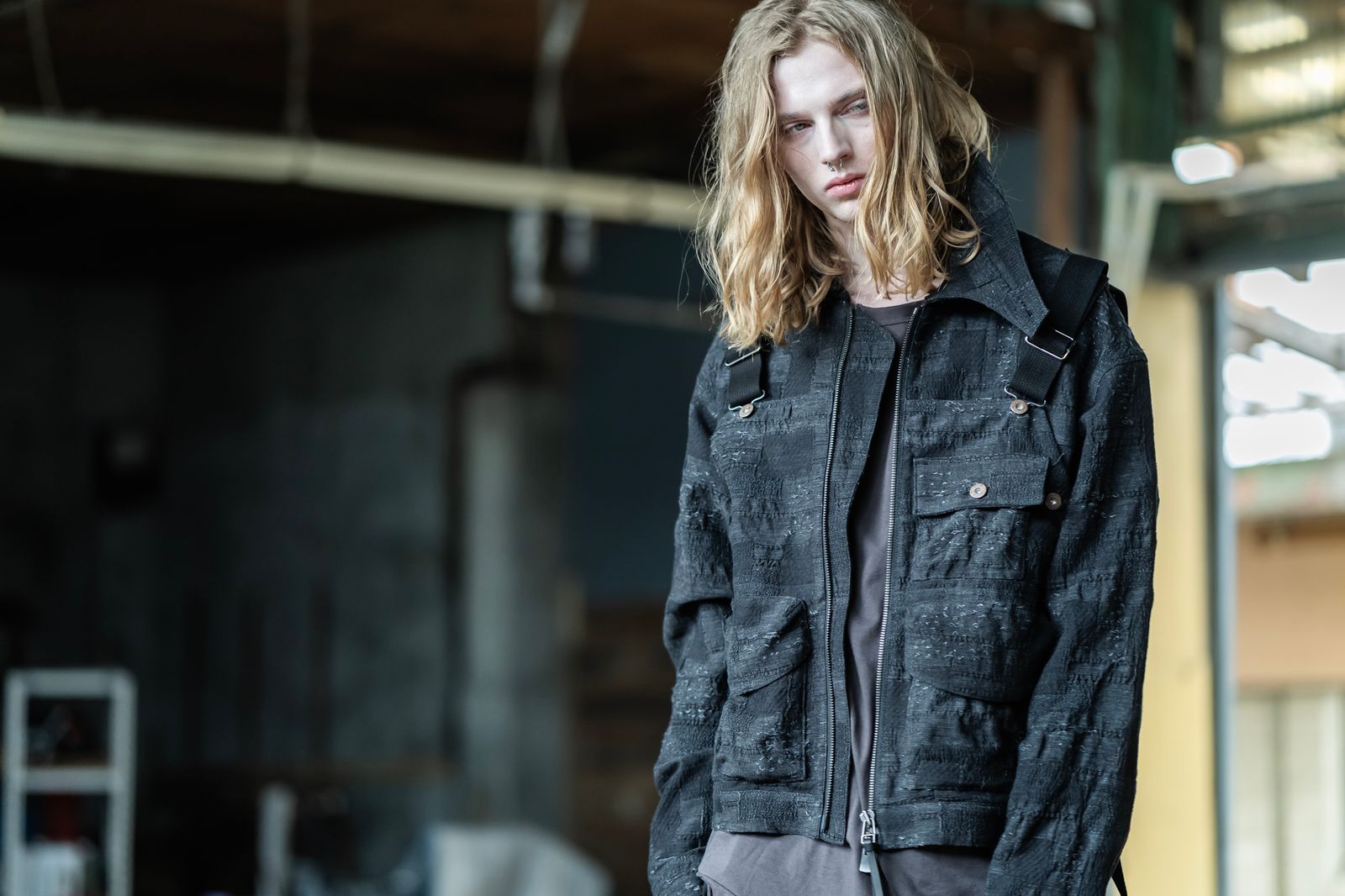 Crust Jacquard Salopette Layered Jacket"Black" / クラストジャガードサロペットレイヤードジャケット"ブラック"