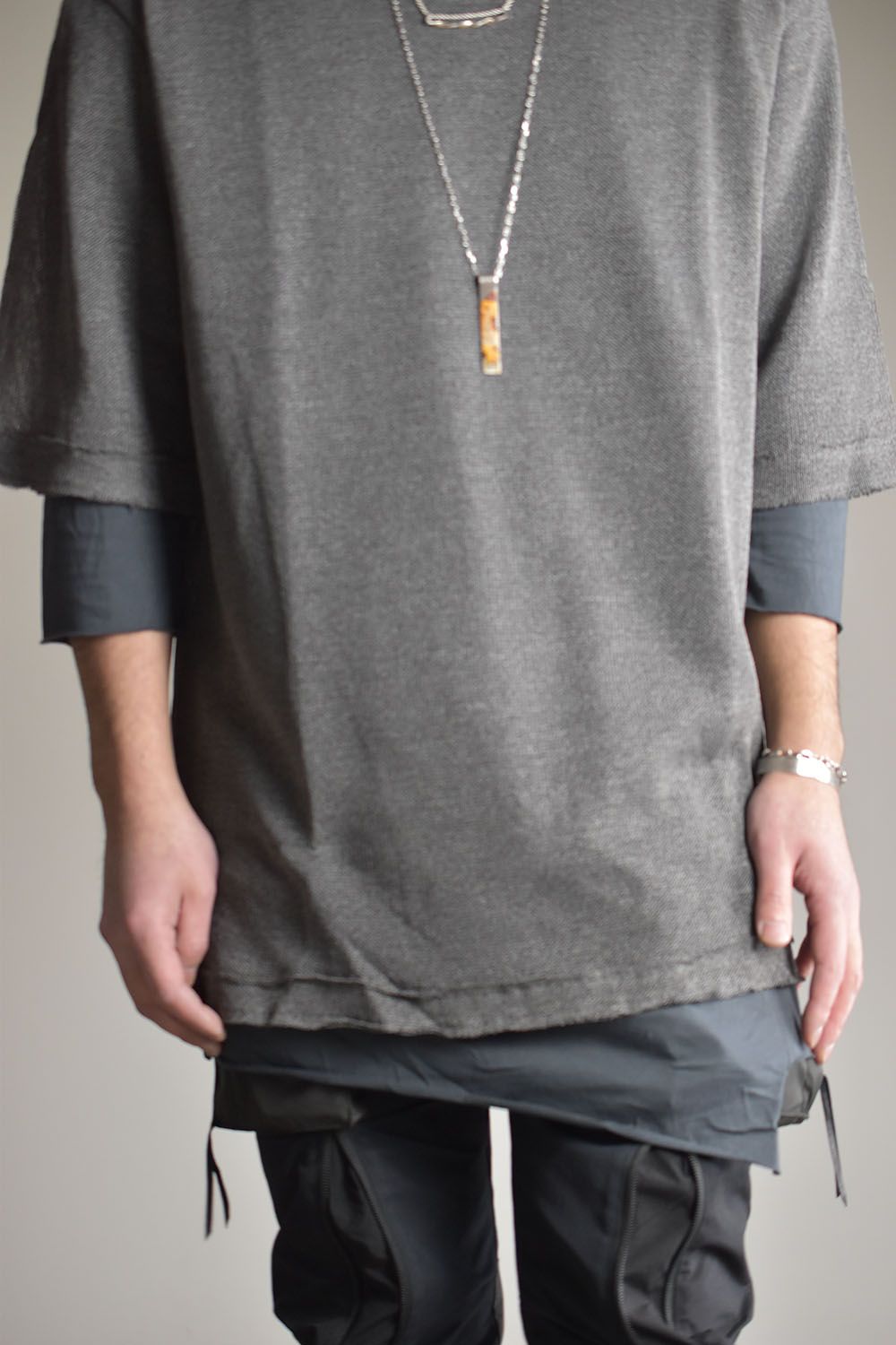 Washi×Rayon Knit Layered Tee"Charcoal"/和紙×レーヨンニットレイヤードTシャツ"チャコール"