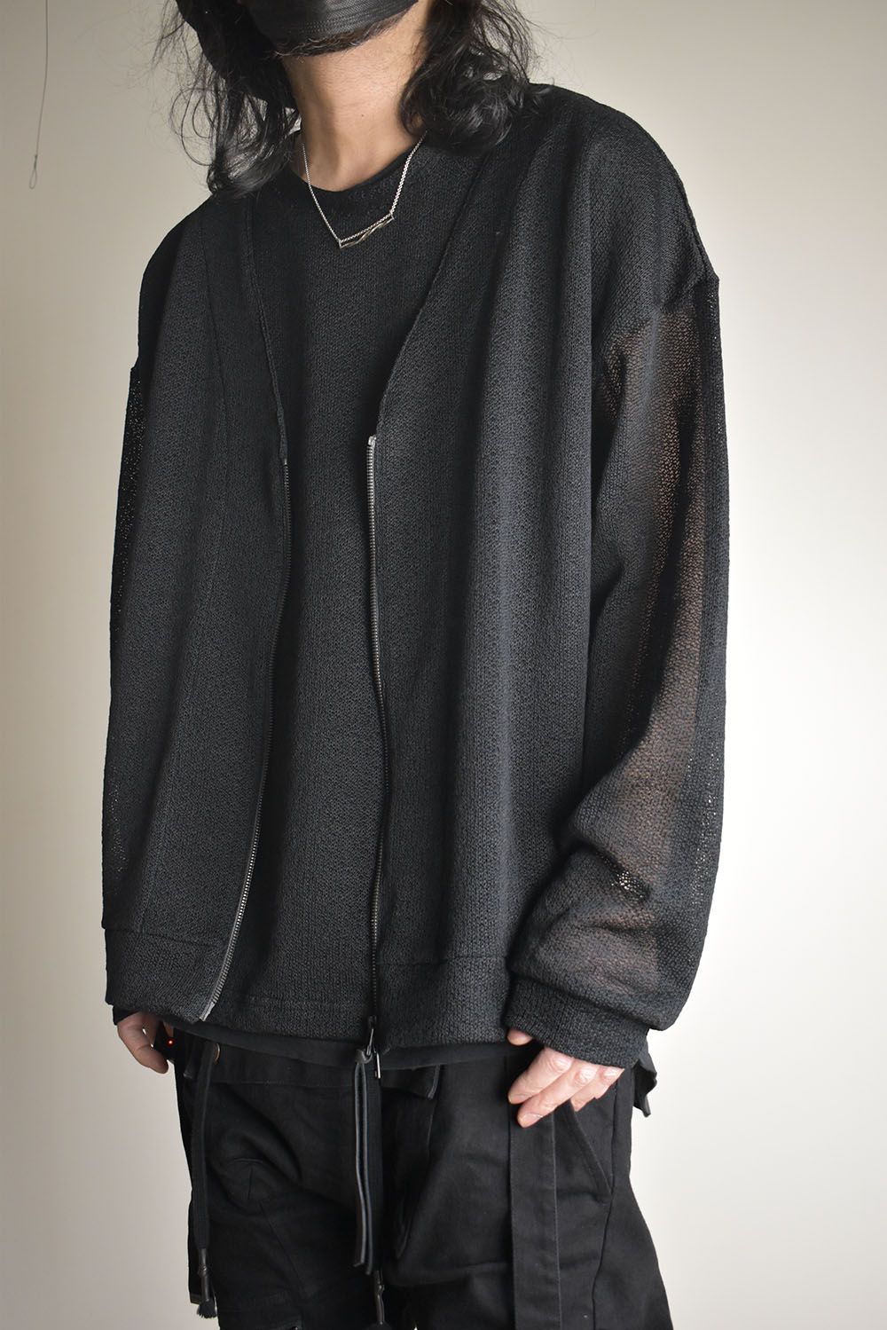 Cotton Low Gauge Knit Cardigan Layered Pullover"Black" / コットンローゲージニットカーディガンレイヤードプルオーバー"ブラック"