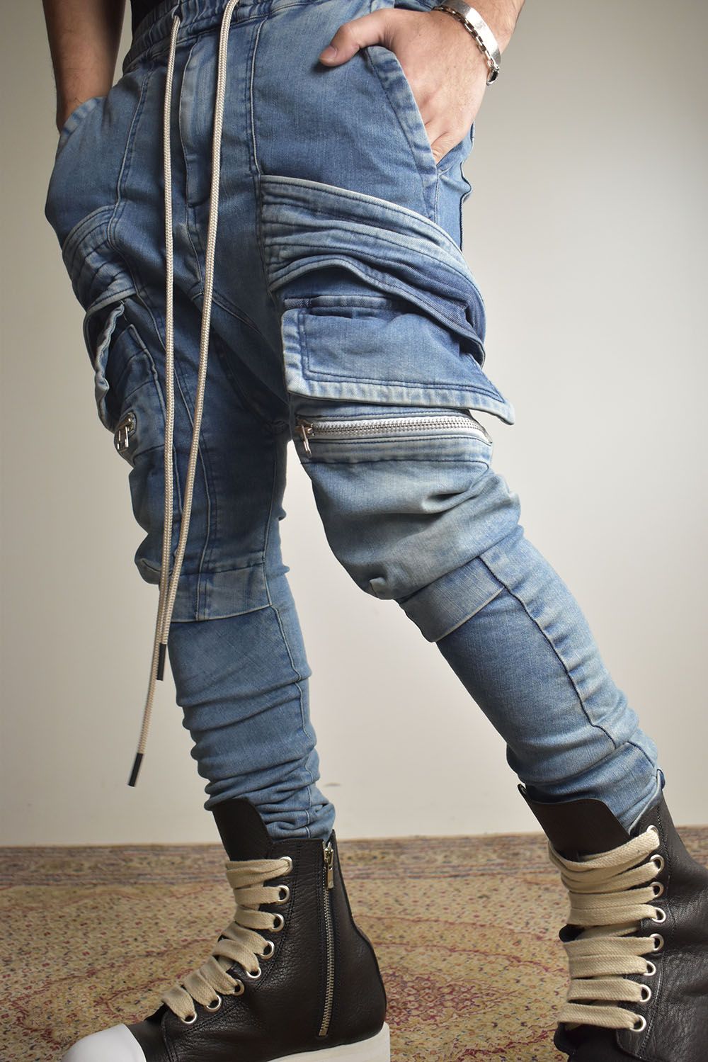 Denim Cargo Sarouel Skinny"Damage Black/Indigo Blue"/デニムカーゴサルエルスキニー"ダメージブラック/インディゴブルー"