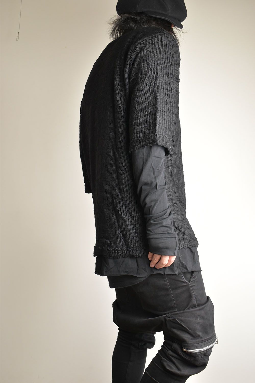 Low Gauge Knit and Cotton Jersey Layered T-Shirt "Black" / ローゲージニット×コットンジャージレイヤードTシャツ"ブラック"