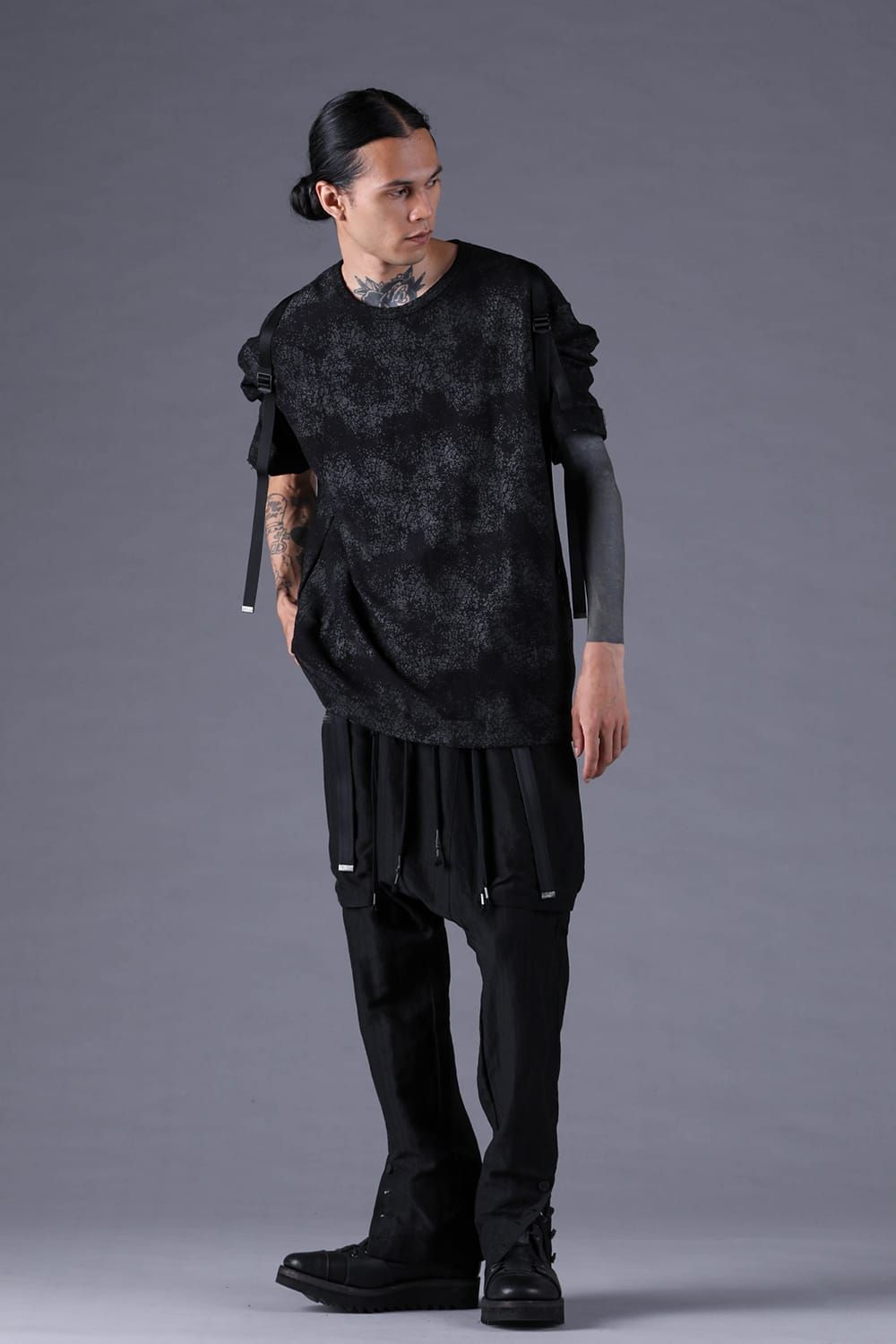 《2027SS先行予約分》Crack-Coated Jersey Belt-Adjustable S/S T-Shirt"Black" / クラックコーティングジャージーベルトアジャストショートスリーブTee"ブラック"