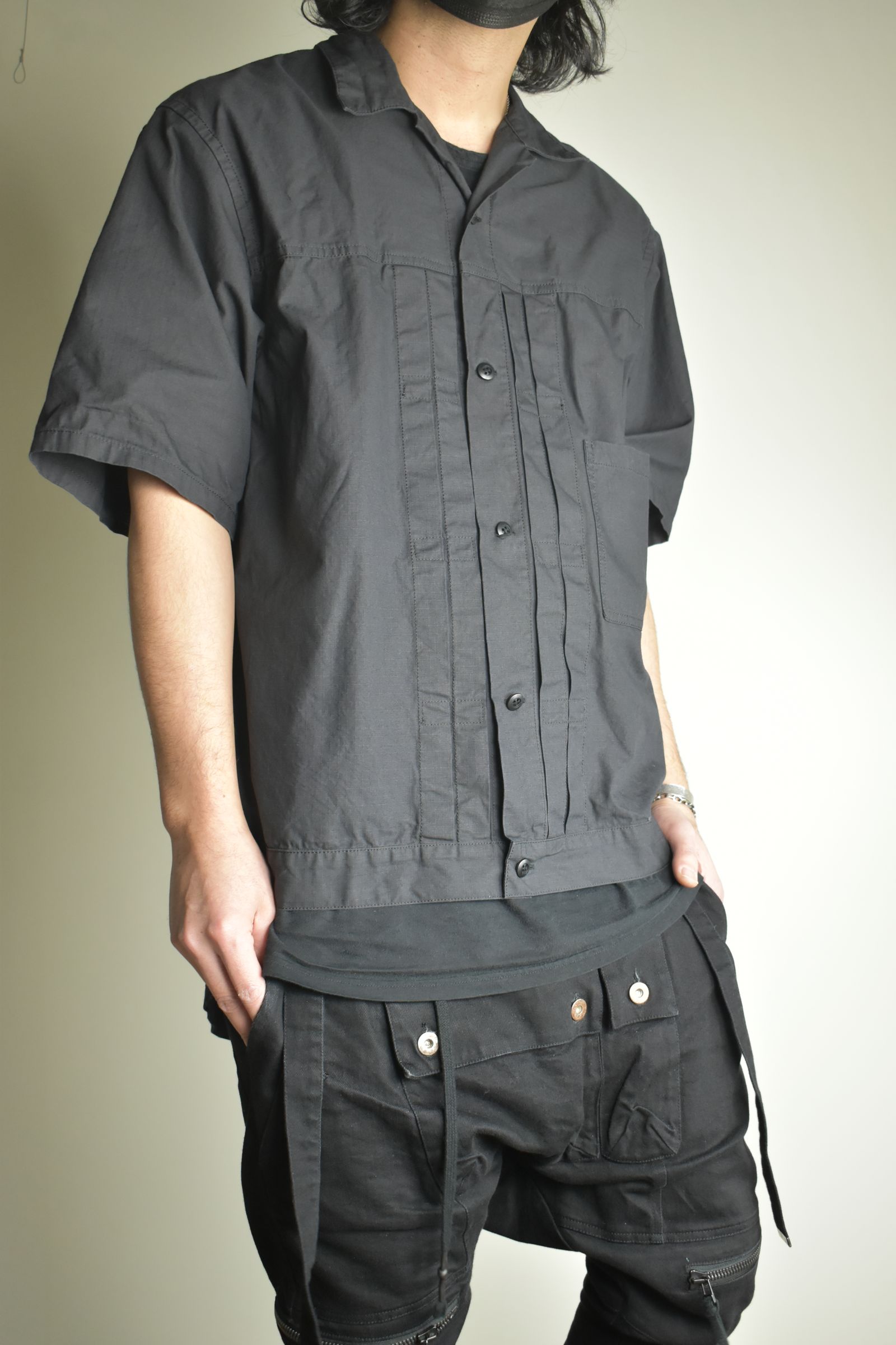 Rip Stop Open Collar Shirt"Black" / リップストップオープンカラーシャツ"Black"