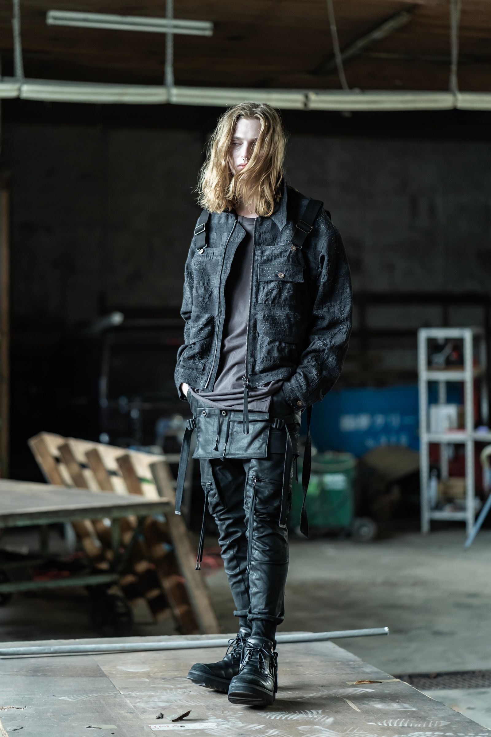 Crust Jacquard Salopette Layered Jacket"Black" / クラストジャガードサロペットレイヤードジャケット"ブラック"