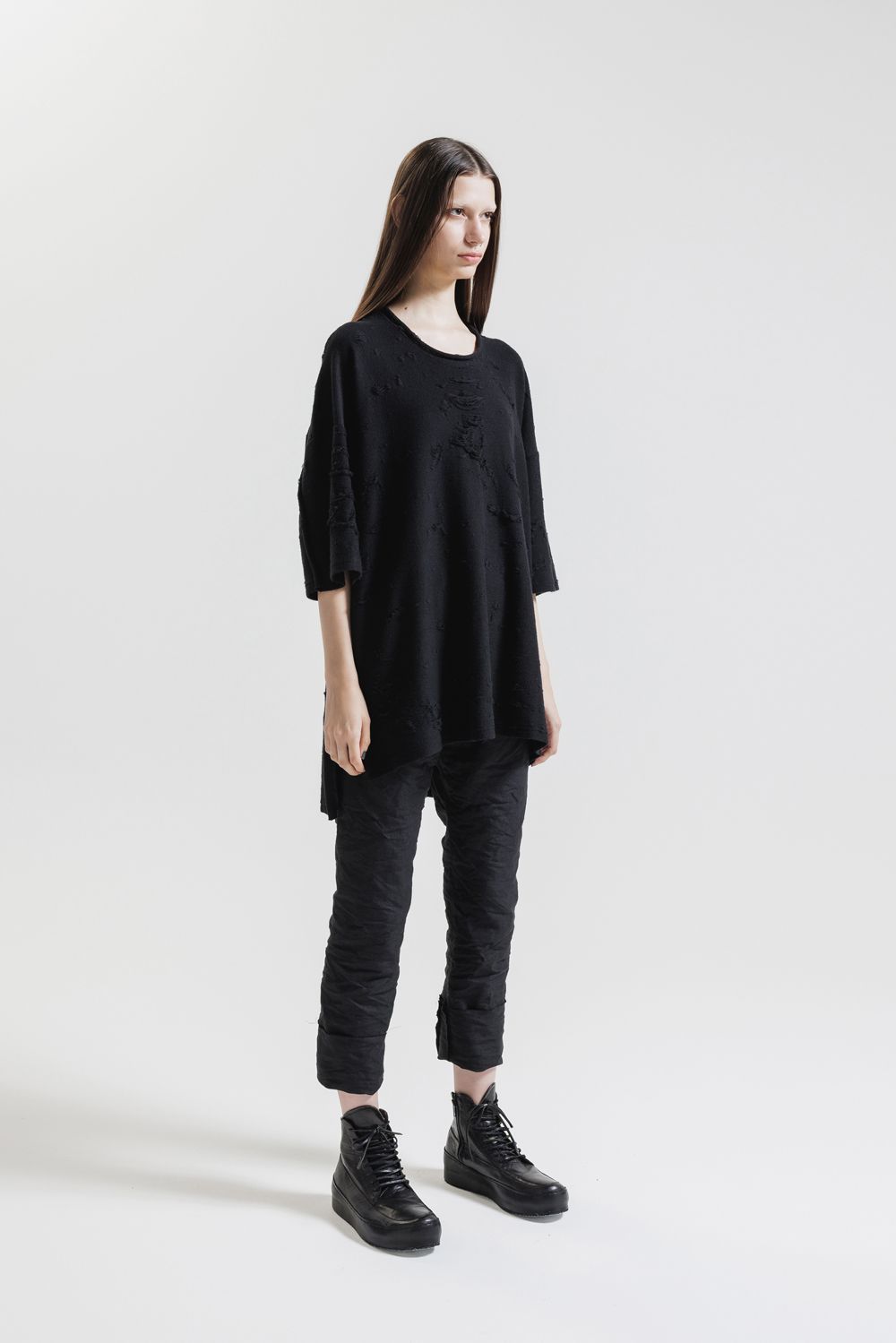 Cotton Damege Jaquard Over Sized Short Sleeve Tee"Black"/コットンダメージジャガードオーバーサイズショートスリーブTee"ブラック"