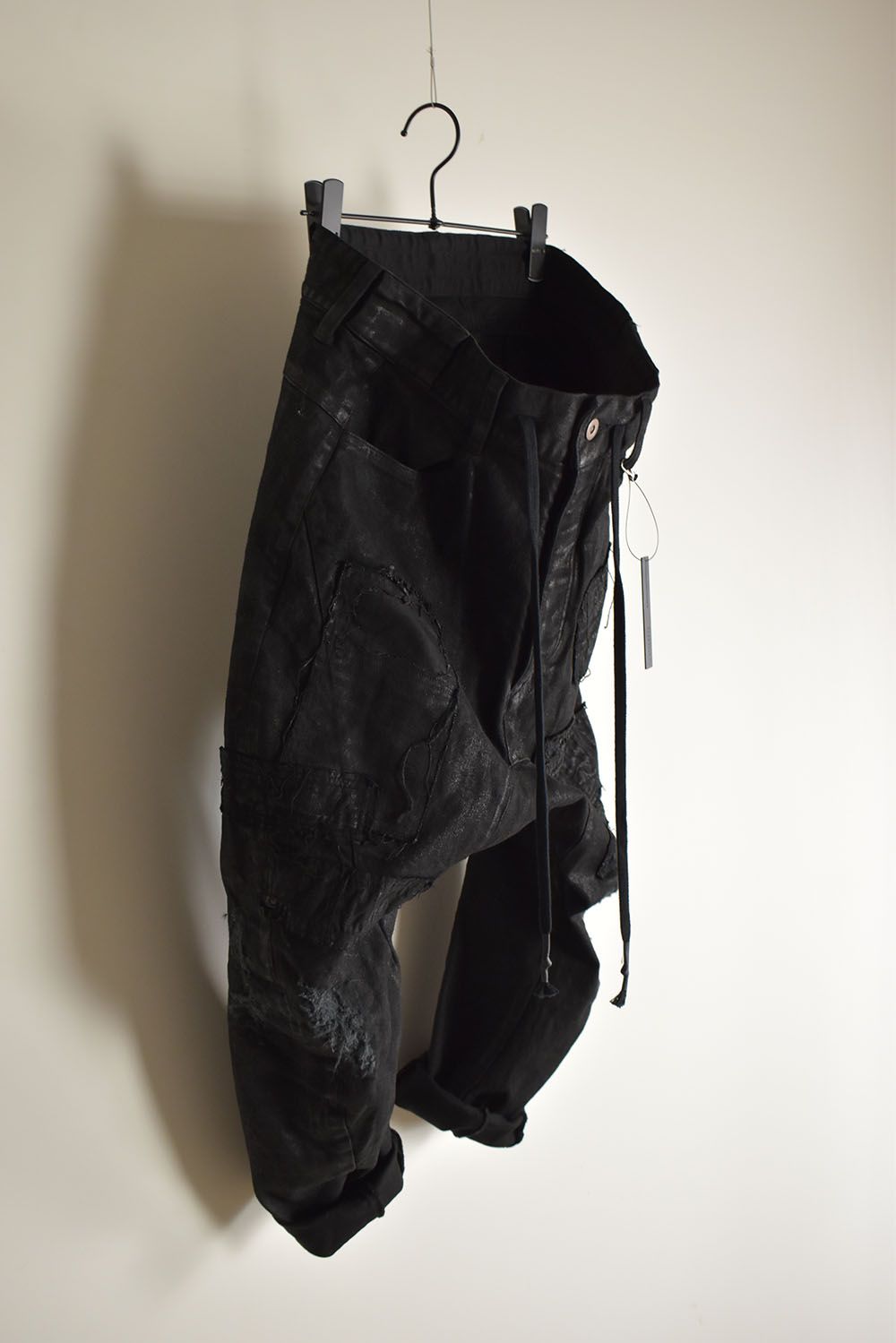 Product Coating Stretch Denim Damage Repair Cropped Pants “Black / 製品コーティングストレッチデニムダメージリペアクロップドパンツ"ブラック"