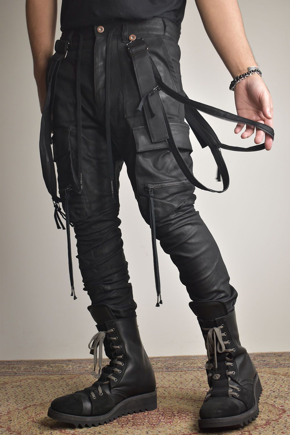 Product Coated Suspenders Cargo Jog Pants "Black" / 製品コーティングサスペンダーベルトカーゴジョグパンツ"ブラック"