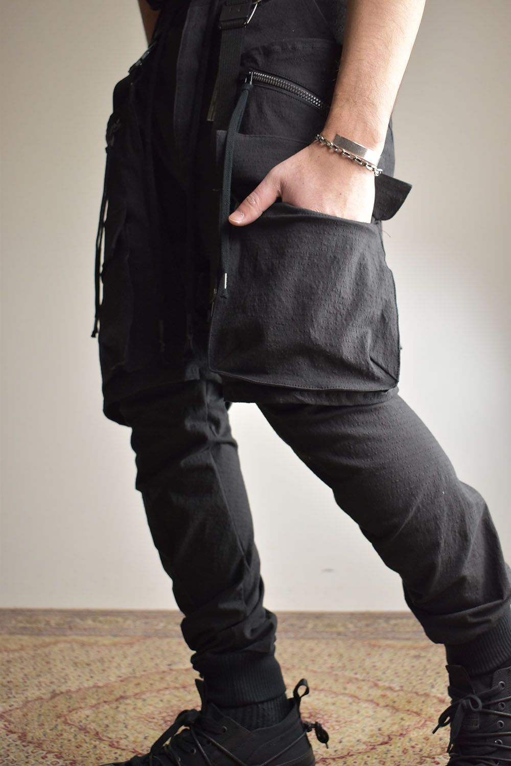 Ripstop Detachable Shorts Layered Cargo Jog Pants"Black" / リップストップデタッチャブルショーツレイヤードカーゴジョグパンツ"ブラック"