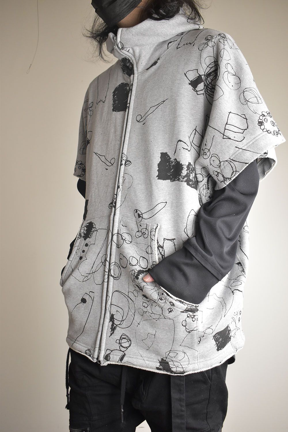 Sweat Oversize Print Zip Up Hoodie"Grey" / スウェットオーバーサイズプリントジップアップパーカ"グレー"