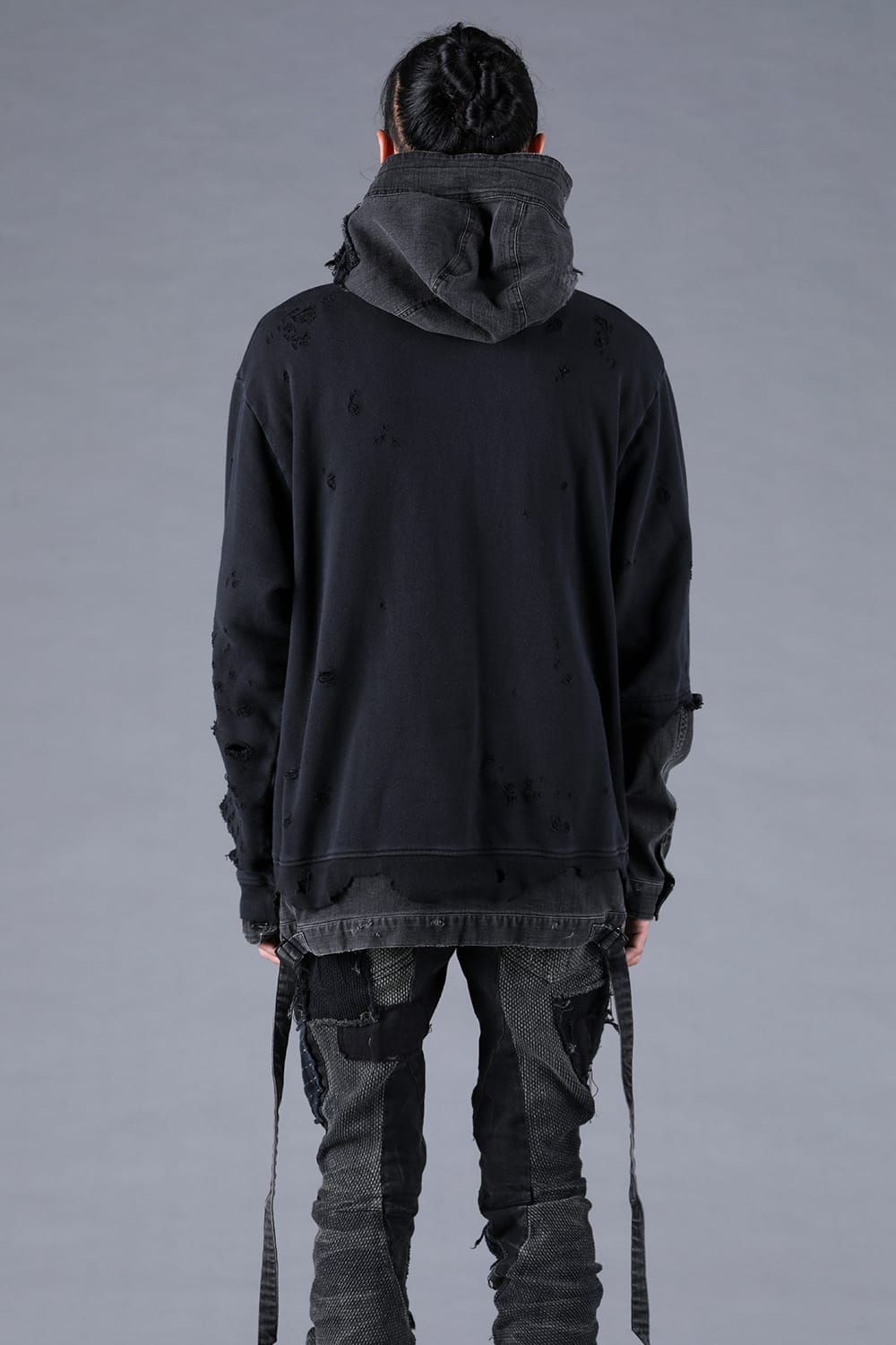 Denim Combination Non-Twisted Yarn Lined Oversized Pullover Hoodie"Black" / デニムコンビネーション無撚糸裏毛オーバーサイズプルオーバーフーディー"ブラック"